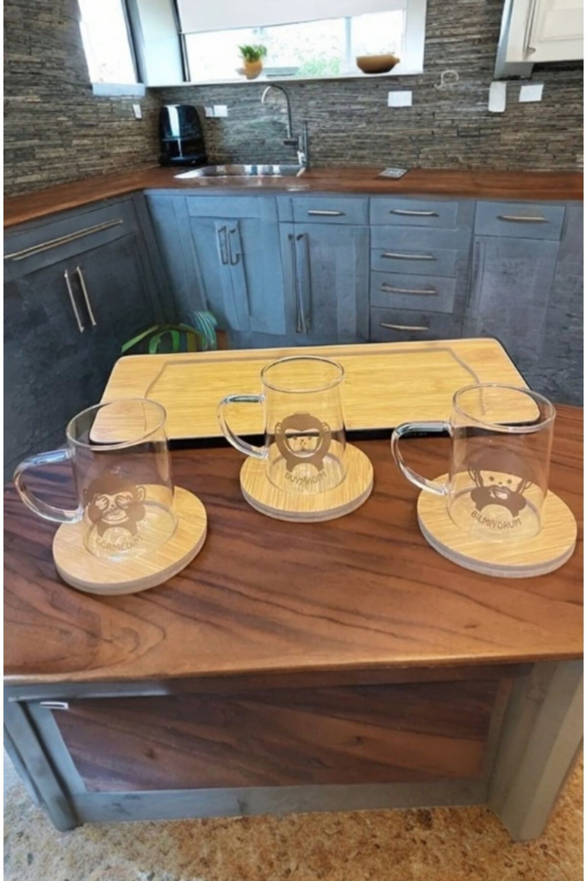 Senza-Wooden Tray + 3-Piece Coasters + 3 Monkey Themed 3 Mugs I Have Not Seen - I Have Not Hearded - I Don't Know 3