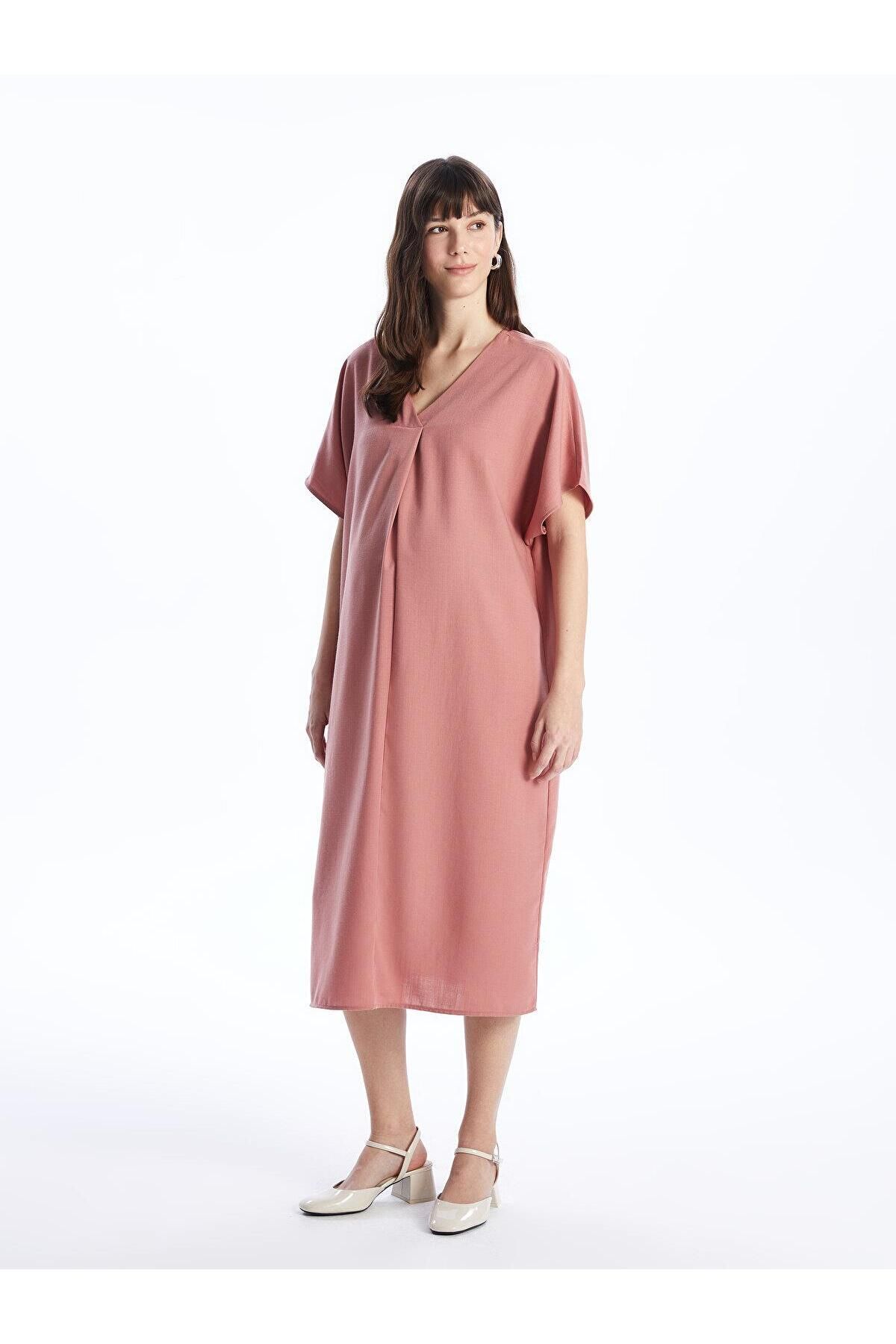 LCWAIKIKI Maternity V Yaka Düz Kısa Kollu Oversize Hamile Elbise