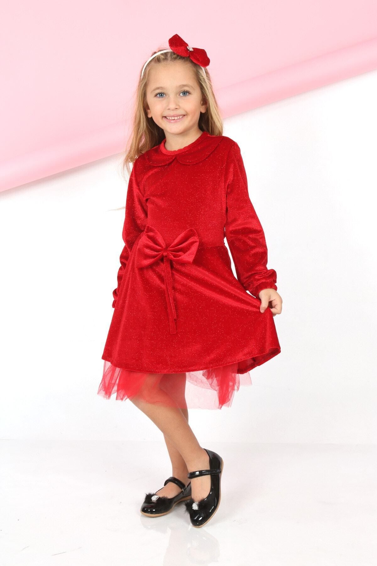 Girl Velvet Fabric Tulle Detailed Knee Length Buckle Dress
