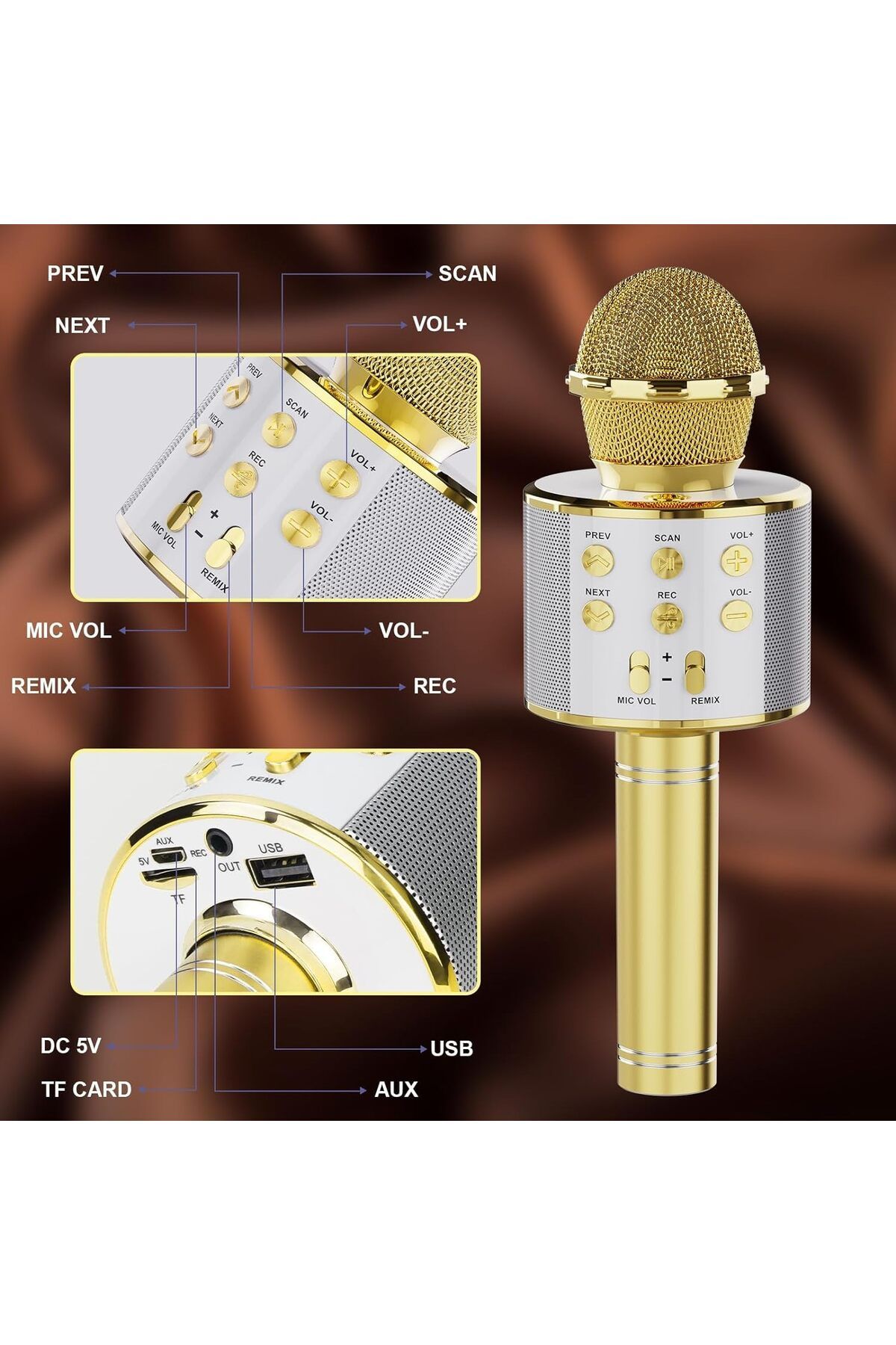 Şarjlı Kablosuz Karaoke Mikrofon Bluetooth Hoparlör Ses Değiştirme Özellikli Sd Kart Usb Girişli Gold #2