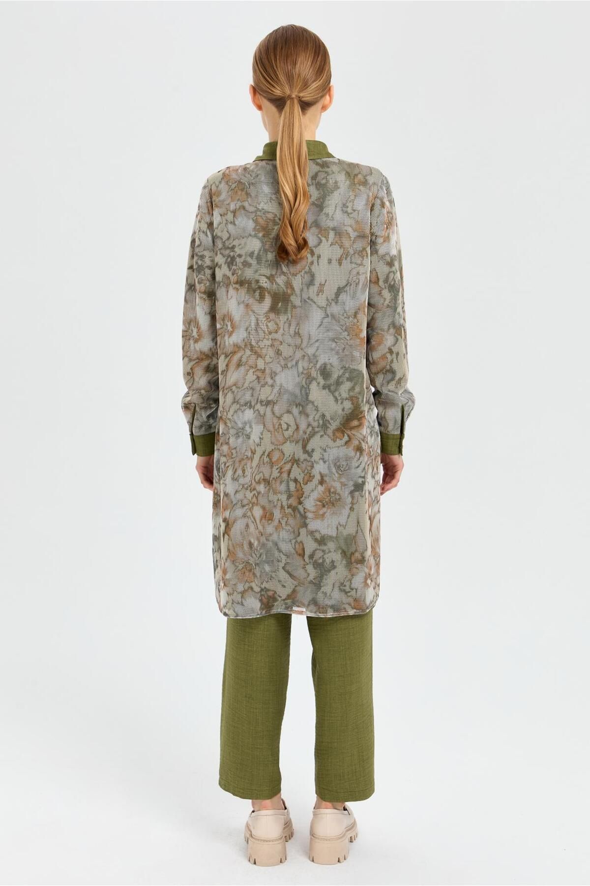 Esswaap-Khaki Color Patterned Mesh Fabric Tunic and Trousers Set 5