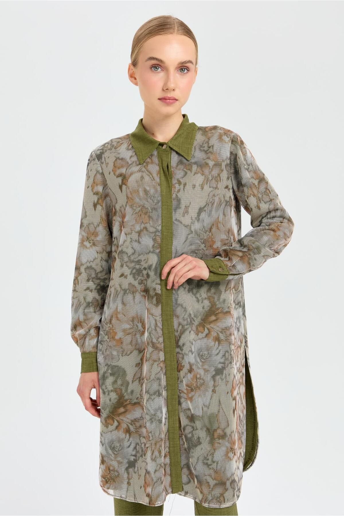 Esswaap-Khaki Color Patterned Mesh Fabric Tunic and Trousers Set 2