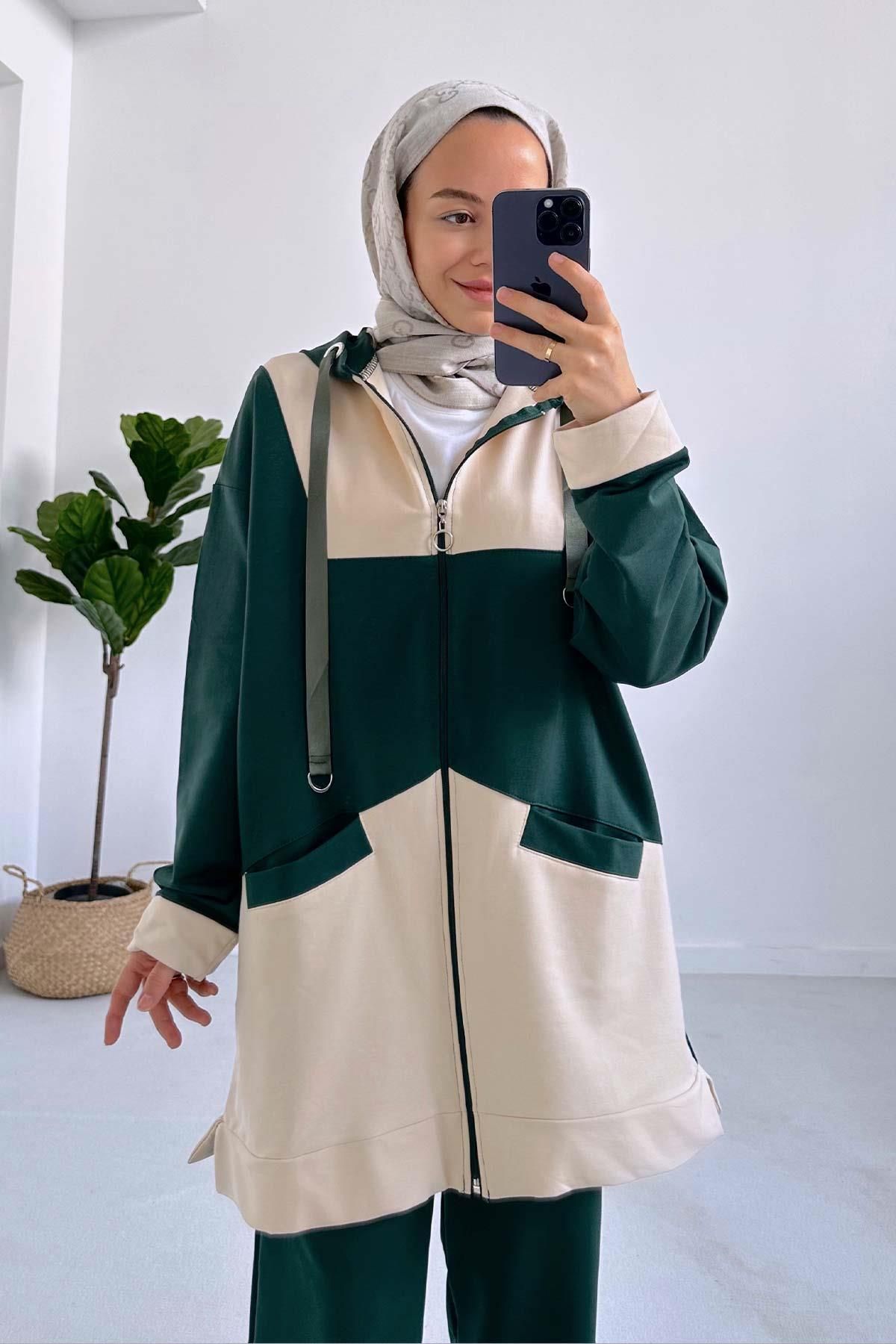 Ka Hijab-Emerald Color Block Hooded Two Thread Set 4