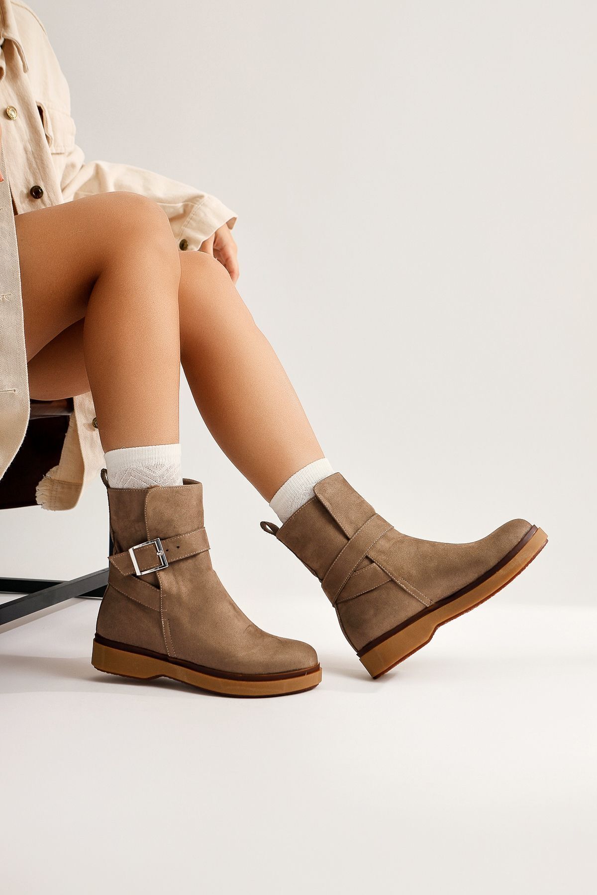 Limoya Behnoush Mink Suede Oval Toe Buckle Detailed Boots Trendyol