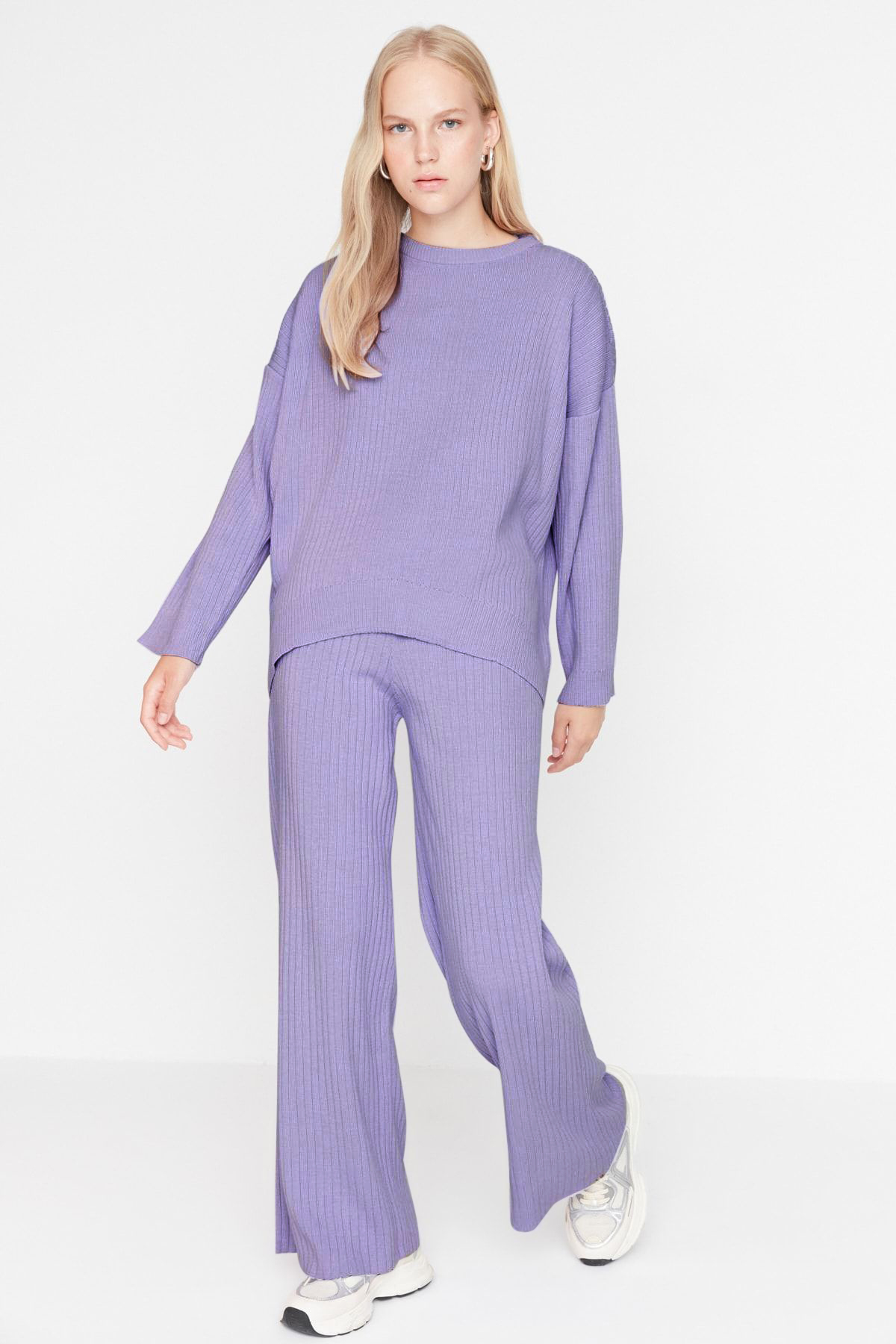 Trendyol Collection Liliowy szeroki wzór podstawowy prążkowany komplet góra-dół TWOSS20AU0084