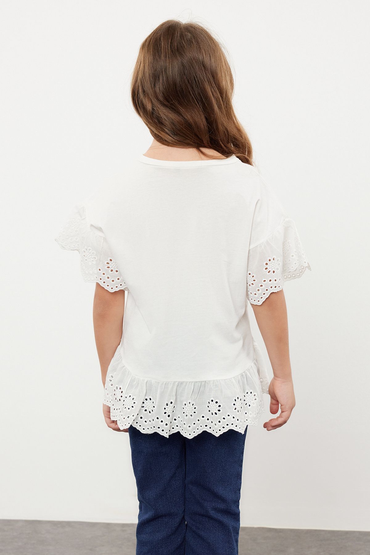 TRENDYOLKIDS-Ecru Girl's Brode réglée Insect Kırkpınarka Breton kırzkarası 100% bumbac tricou cu mânecă scurtă/blüt 2