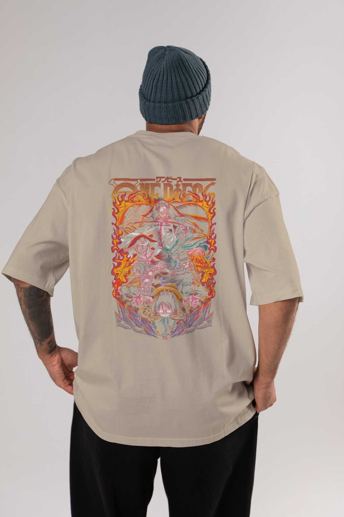 ONE piece (3) Anime Back Printed Beige Oversize T-shirt 100% Cotton Men Women