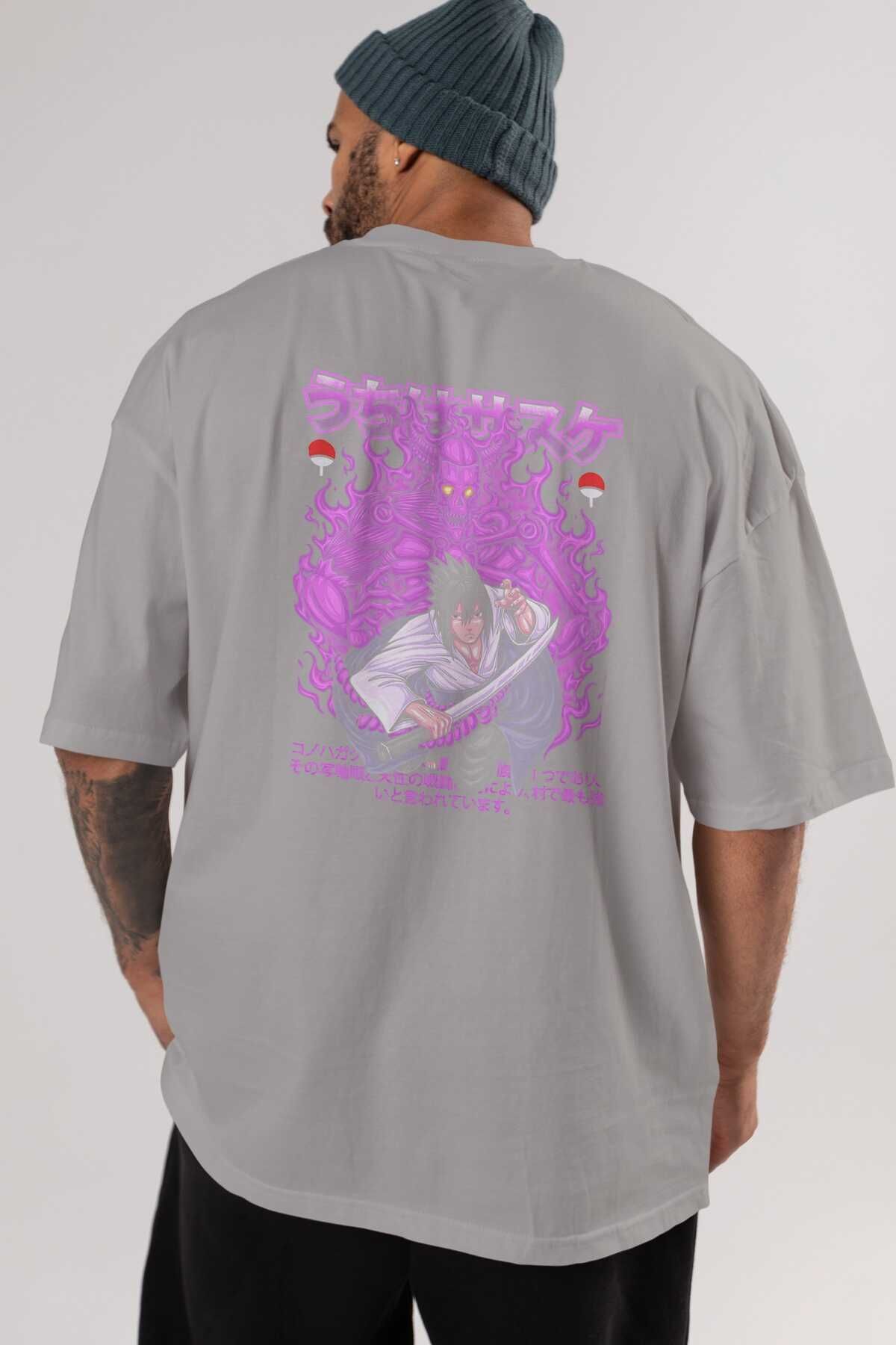 Ankhises-SASUKE UCHIHA NARUTO Tricou cu imprimeu spate gri Oversize 100% bumbac Bărbați Femei 5