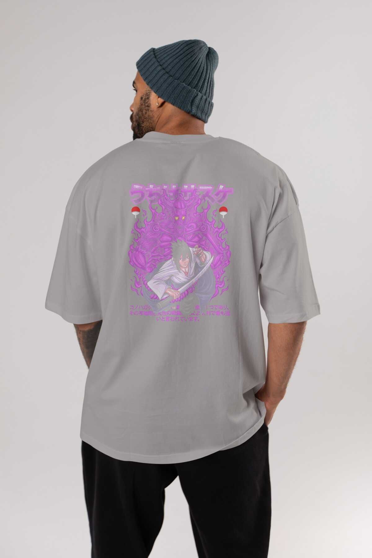 Ankhises-SASUKE UCHIHA NARUTO Tricou cu imprimeu spate gri Oversize 100% bumbac Bărbați Femei 4