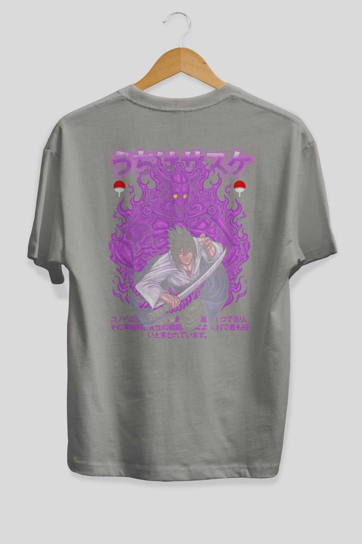 Ankhises-SASUKE UCHIHA NARUTO Tricou cu imprimeu spate gri Oversize 100% bumbac Bărbați Femei 2