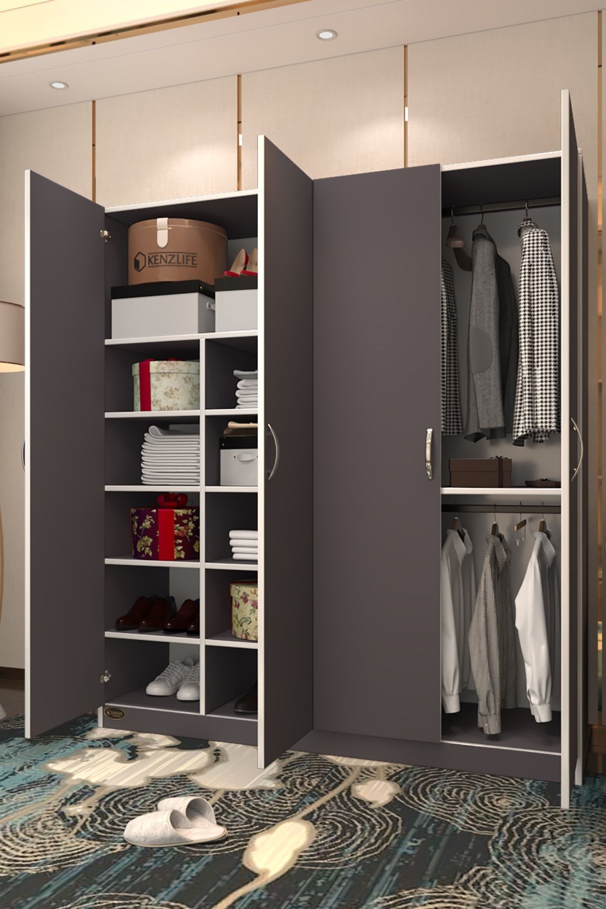 Kenzlife Gardırop 4 Kapılı Kaktüs 180*160*52 Gri Xlarge Kapaklı