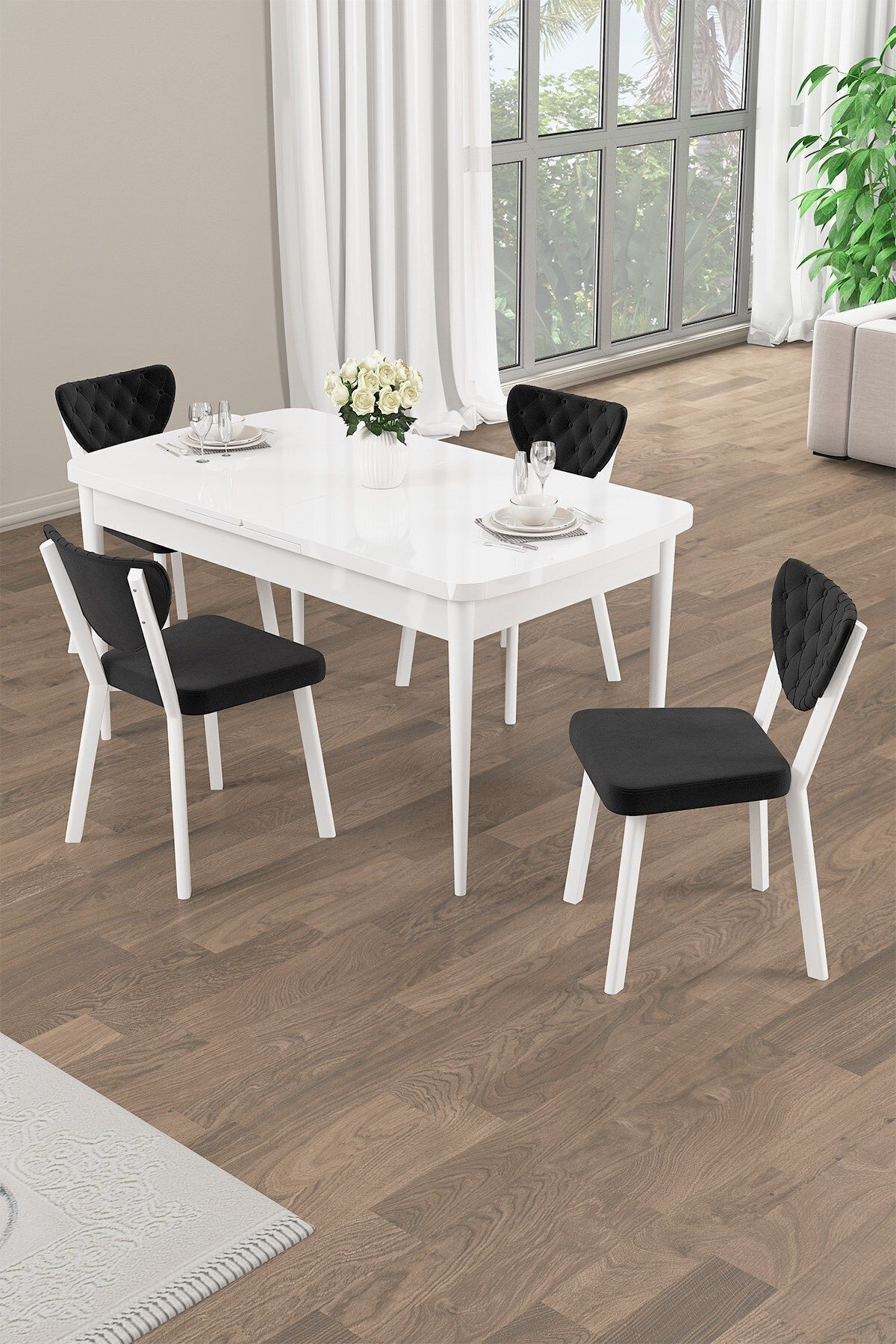 Canisa Concept Rim Serisi 80x132 Açılabilir Beyaz Mutfak Masası Takımı 4 Siyah Sandalye