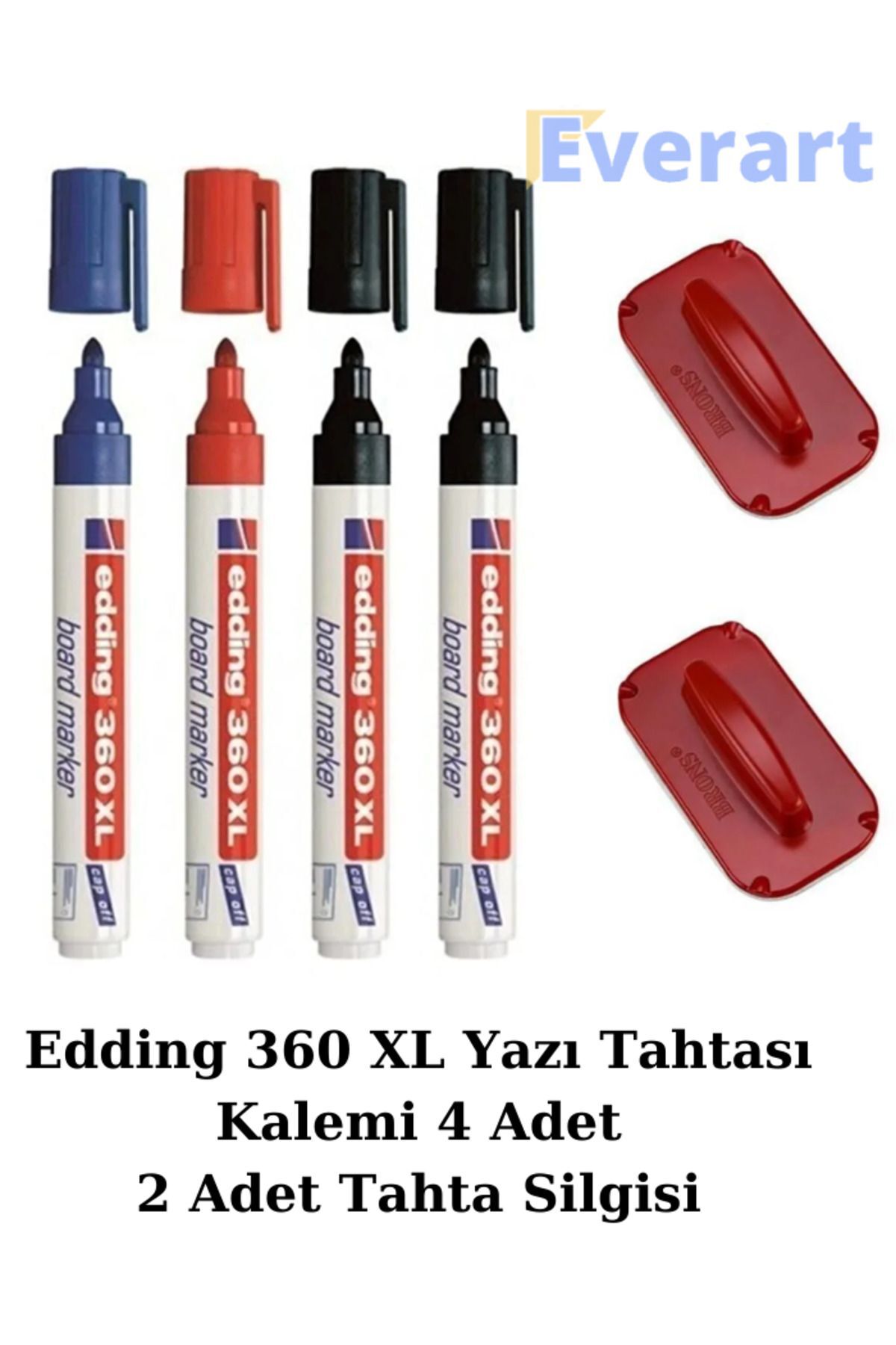 everart Edding 360 Xl Tahta Kalemi Siyah-mavi-kırmızı 5'li Paket ve 2 adet Silgi
