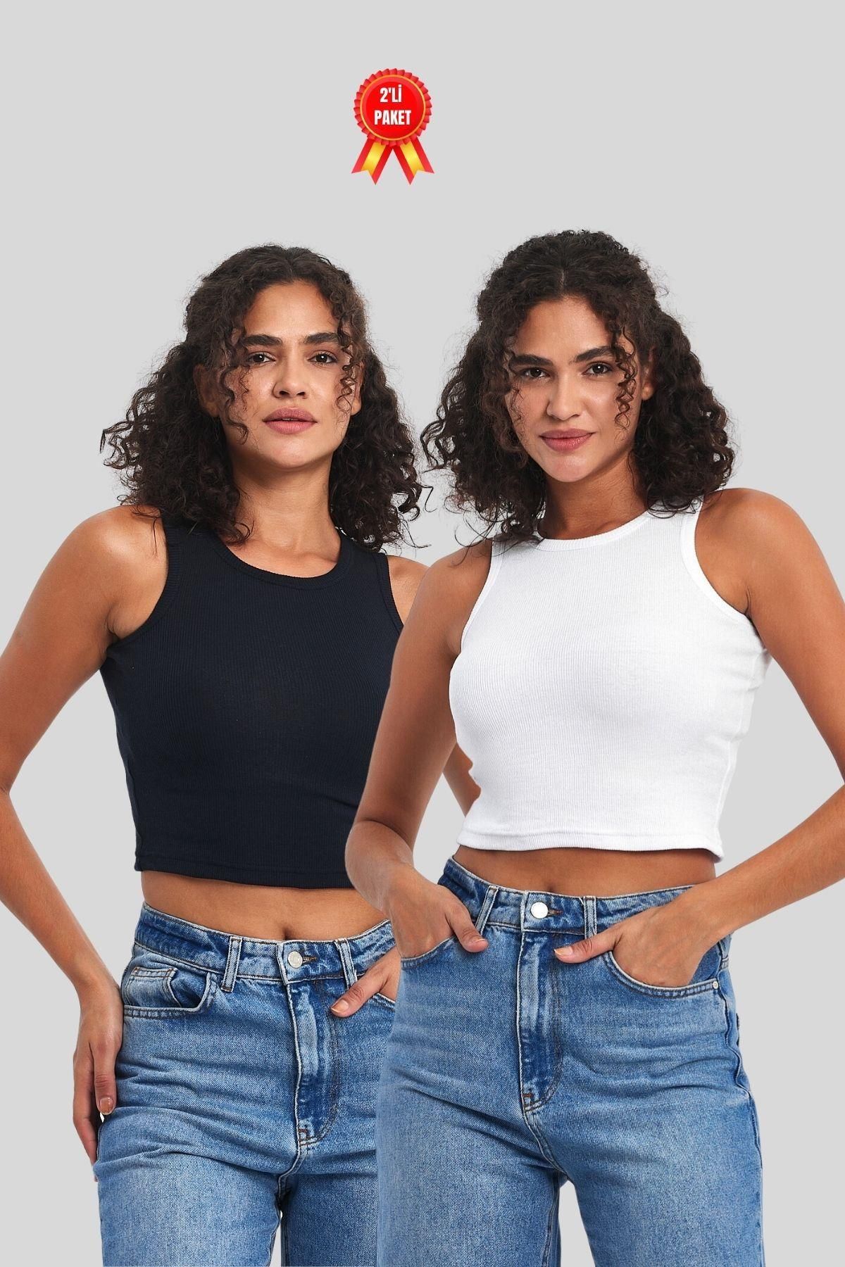 COMEOR Kadın Siyah-Beyaz Fitilli Görünümlü Askılı Kalın Esnek Örme 2'li Basic Crop Atlet Bluz