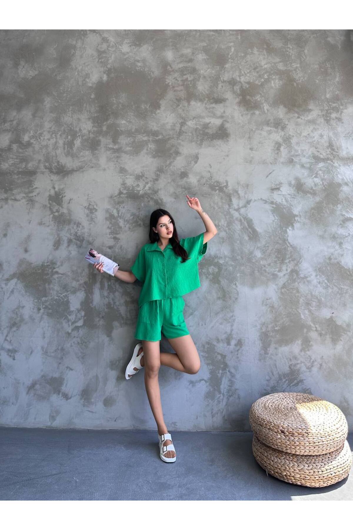 Women's Linen Shirt & Shorts Set Green Oversize Summer - Görsel 4