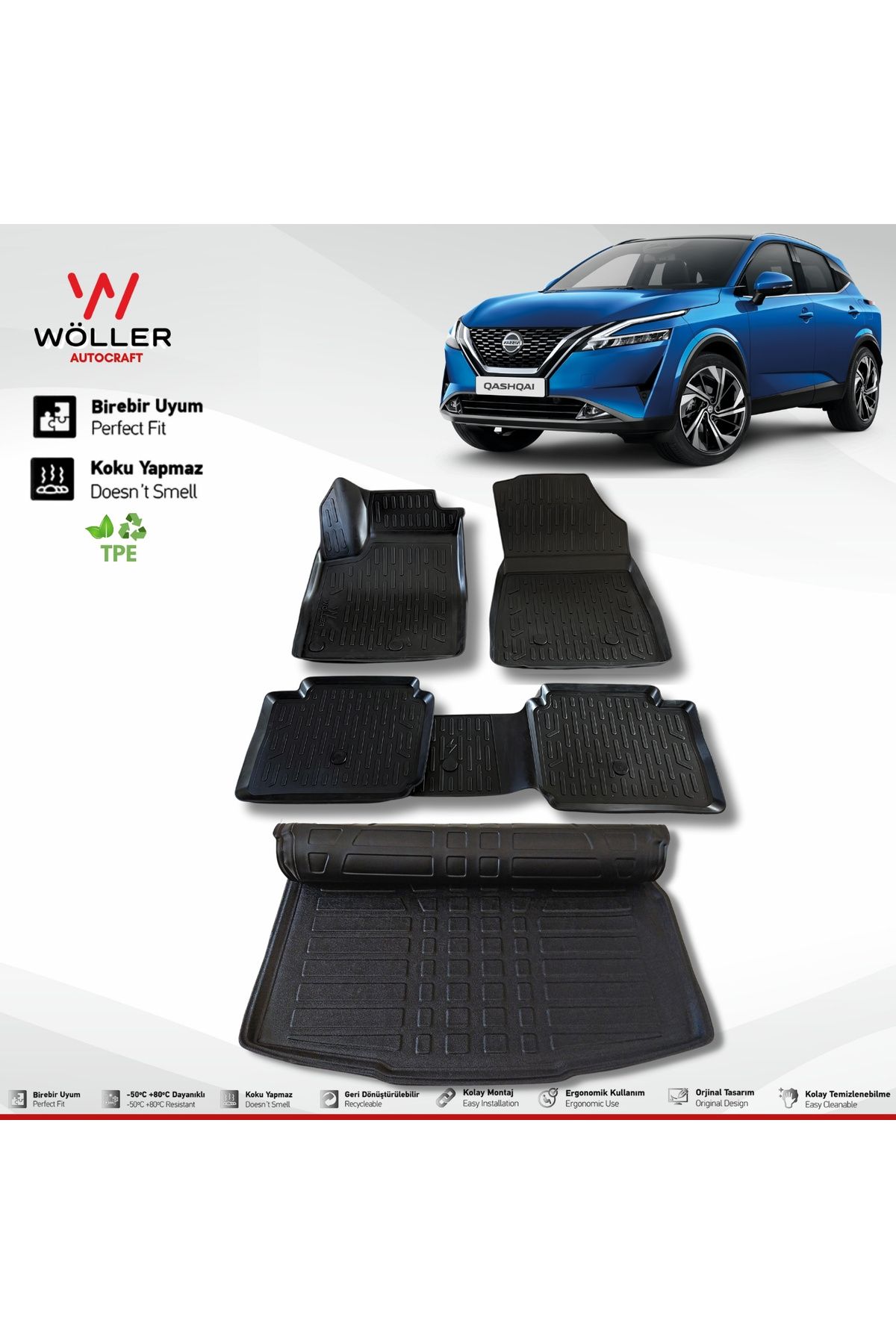 Комплект ковриков для багажного бассейна Wöller Nissan Qashqai E Power 2022 и далее 3d Ultraflex Set wöllersetultra135