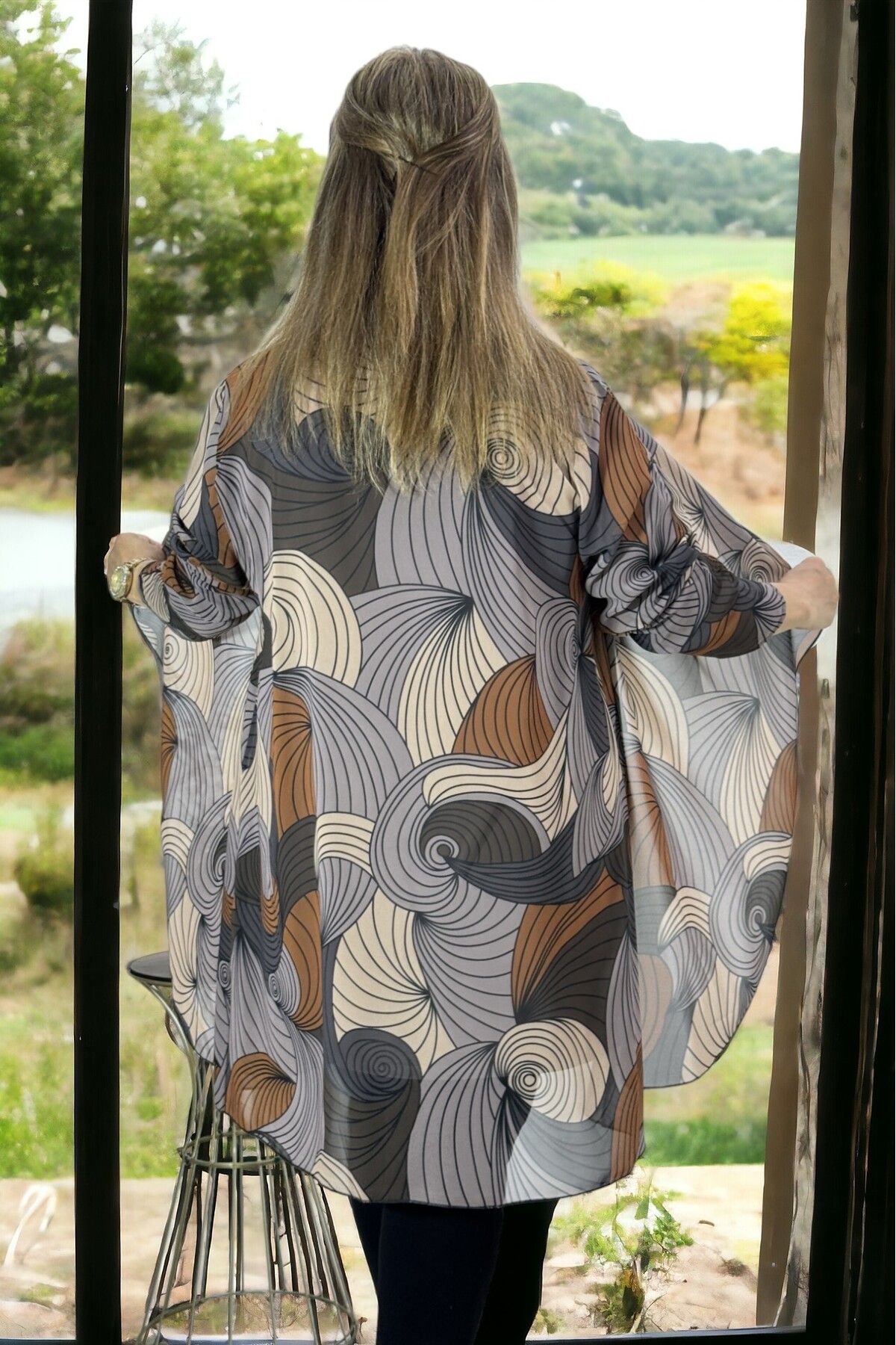 yagmurberen-Ebru Patterned Buzzzy Kumashed Chiffon Jacket and Blouse - Buzy Fabric, Unlined, Plus Size 2-Piece Set 3