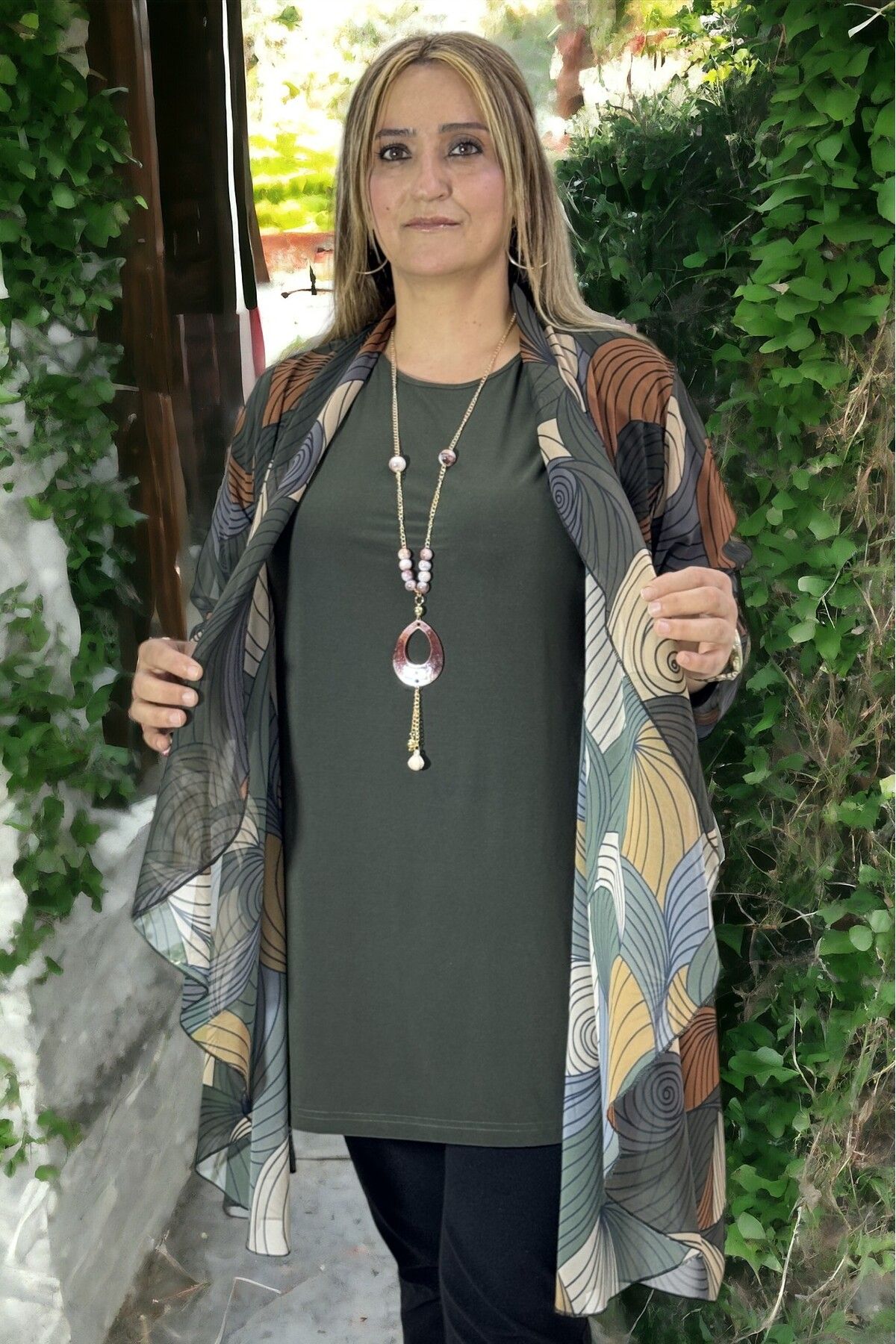 yagmurberen-Ebru Patterned Buzzzy Kumashed Chiffon Jacket and Blouse - Buzy Fabric, Unlined, Plus Size 2-Piece Set 6