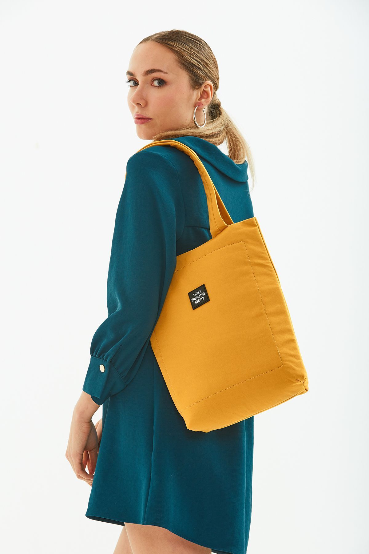SHAKA-Mustard U27 Snap Closure Back 2 Pocket Detailed 3 Compartment Canvas Daily Women's Shoulder Bag 38 3