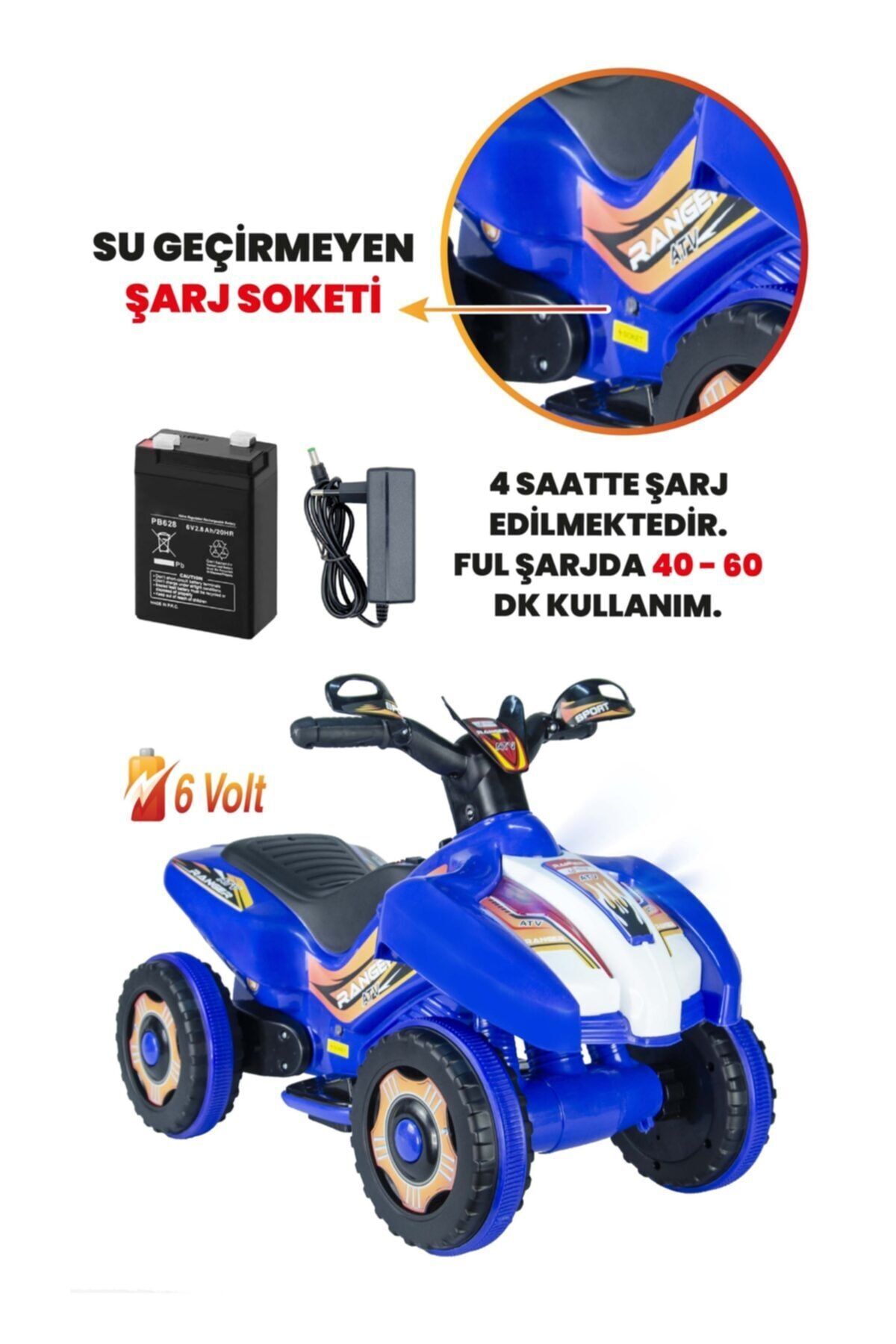 ujtoys Müzikli Ve Led Işıklı Ranger Akülü Atv 6v-mavi fotoğrafı 3 (önizleme)