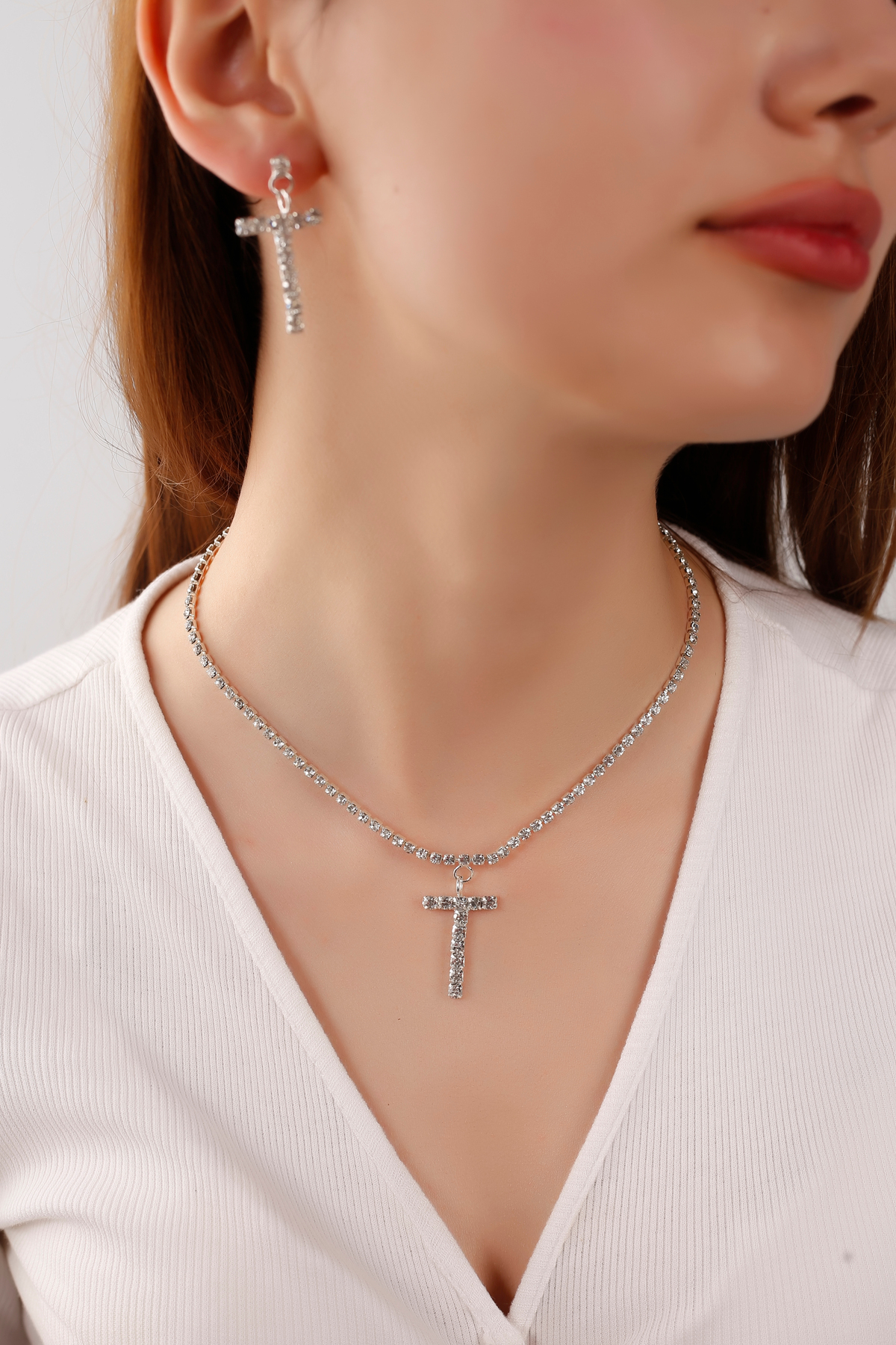 Serelia Gümüş Kaplama T Harfi Su Yolu Zirkon Taşlı Kolye & Küpe Seti