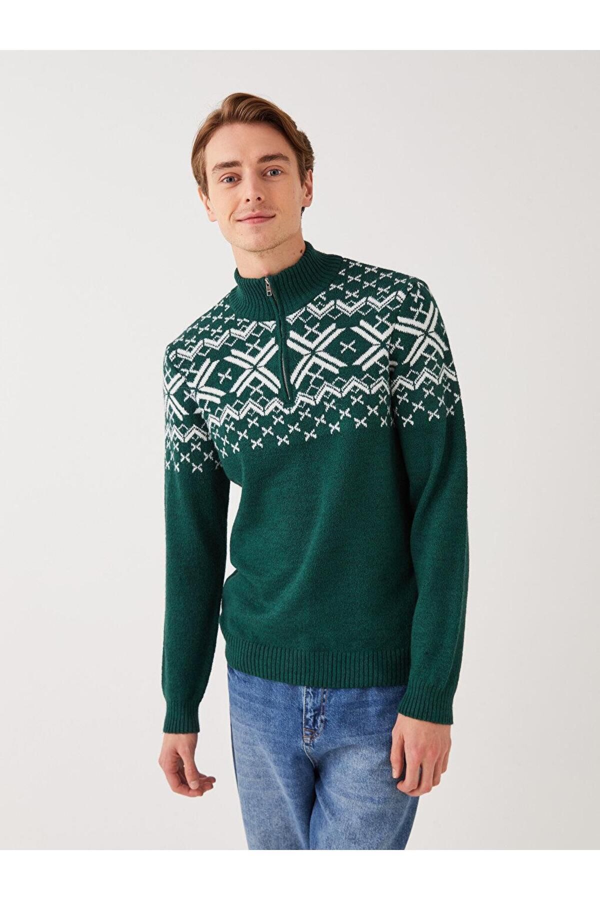 ال سی وایکیکی ژاکت بافتنی مردانه طرح‌دار آستین بلند یقه ایستاده LCW