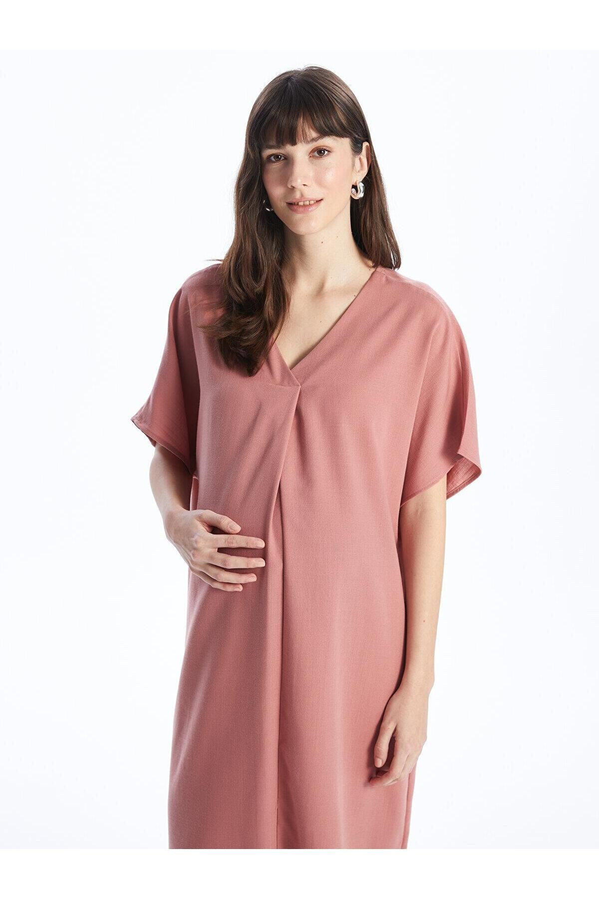 LCWAIKIKI Maternity V Yaka Düz Kısa Kollu Oversize Hamile Elbise