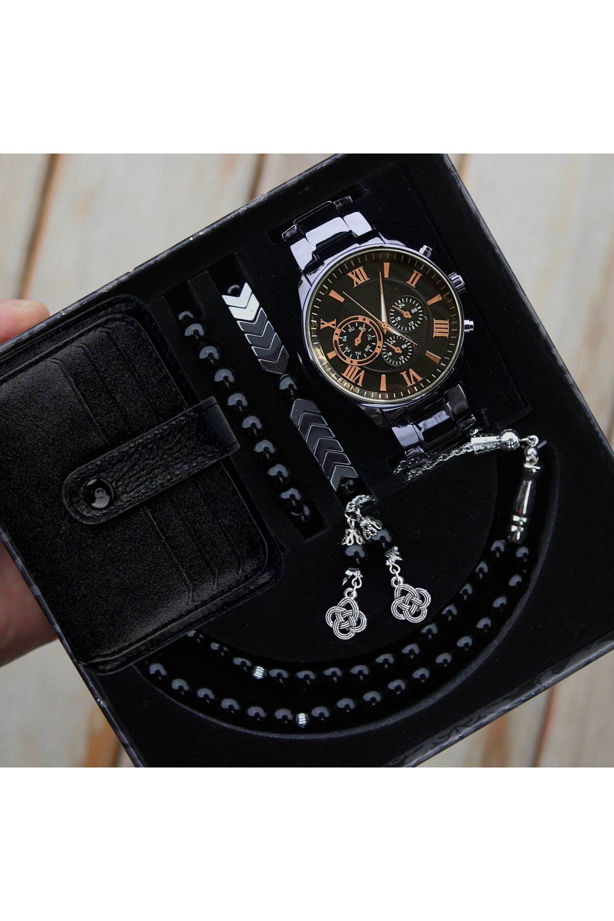 Waterproof Men's Wrist Watch Card Holder Rosary and Bracelet Set