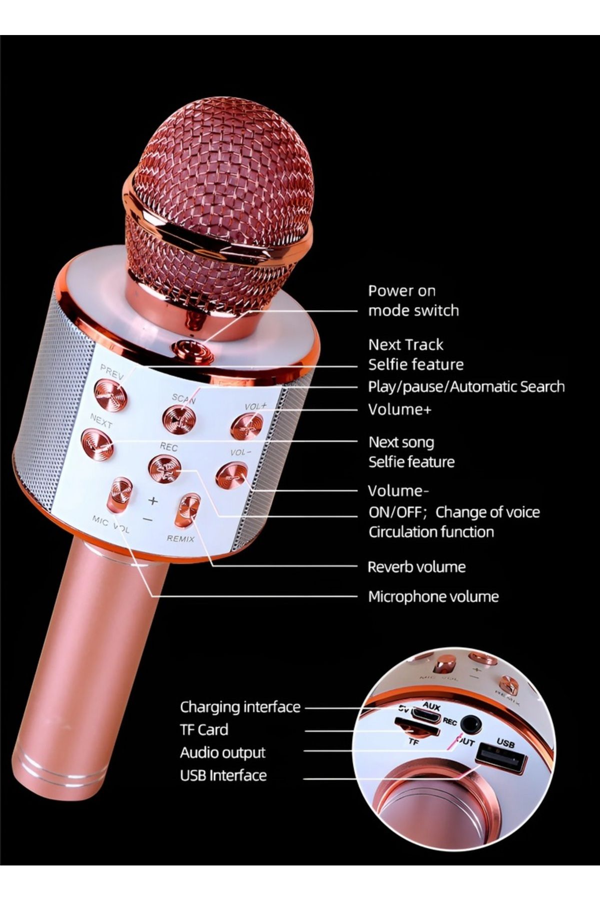 Şarjlı Kablosuz Karaoke Mikrofon Bluetooth Hoparlör Ses Değiştirme Özellikli Sd Kart Usb Girişli Gold #4