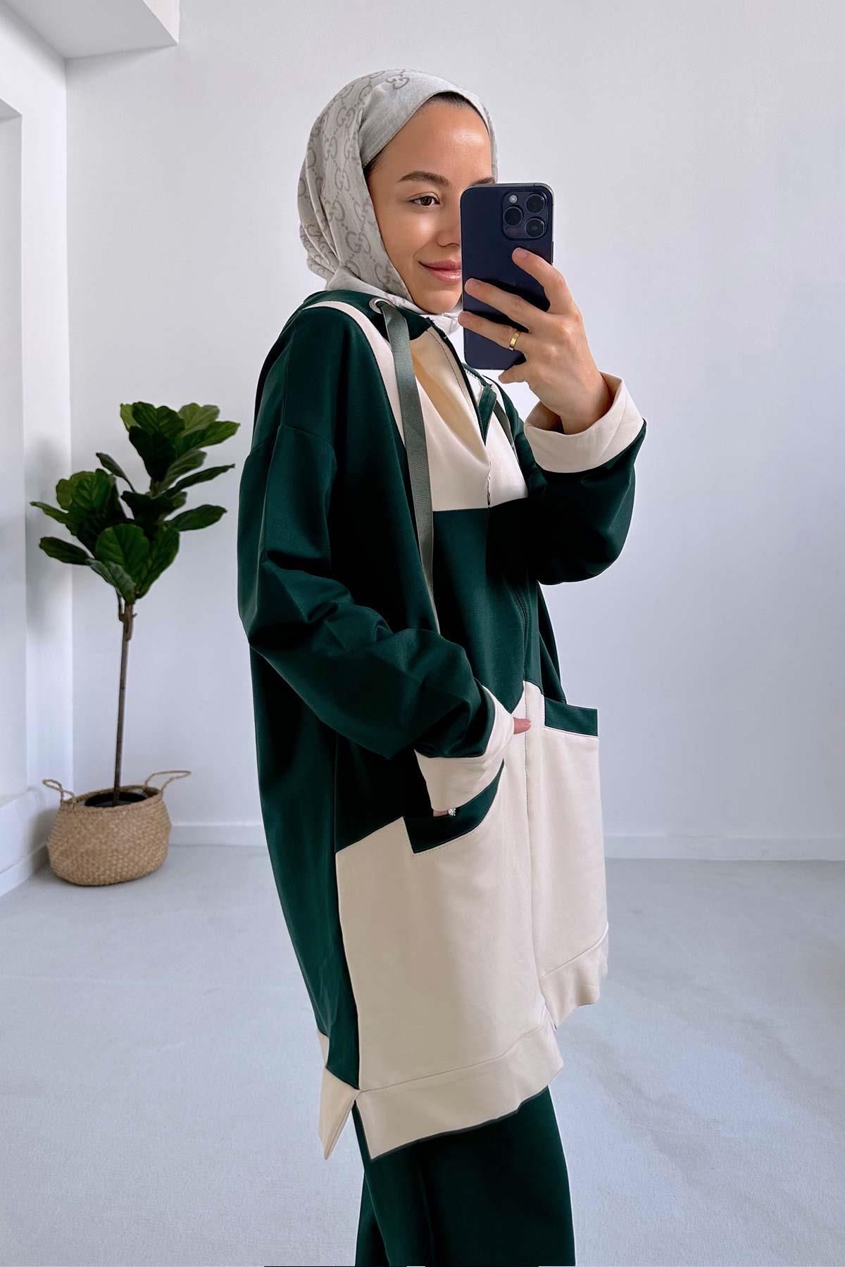 Ka Hijab-Emerald Color Block Hooded Two Thread Set 3