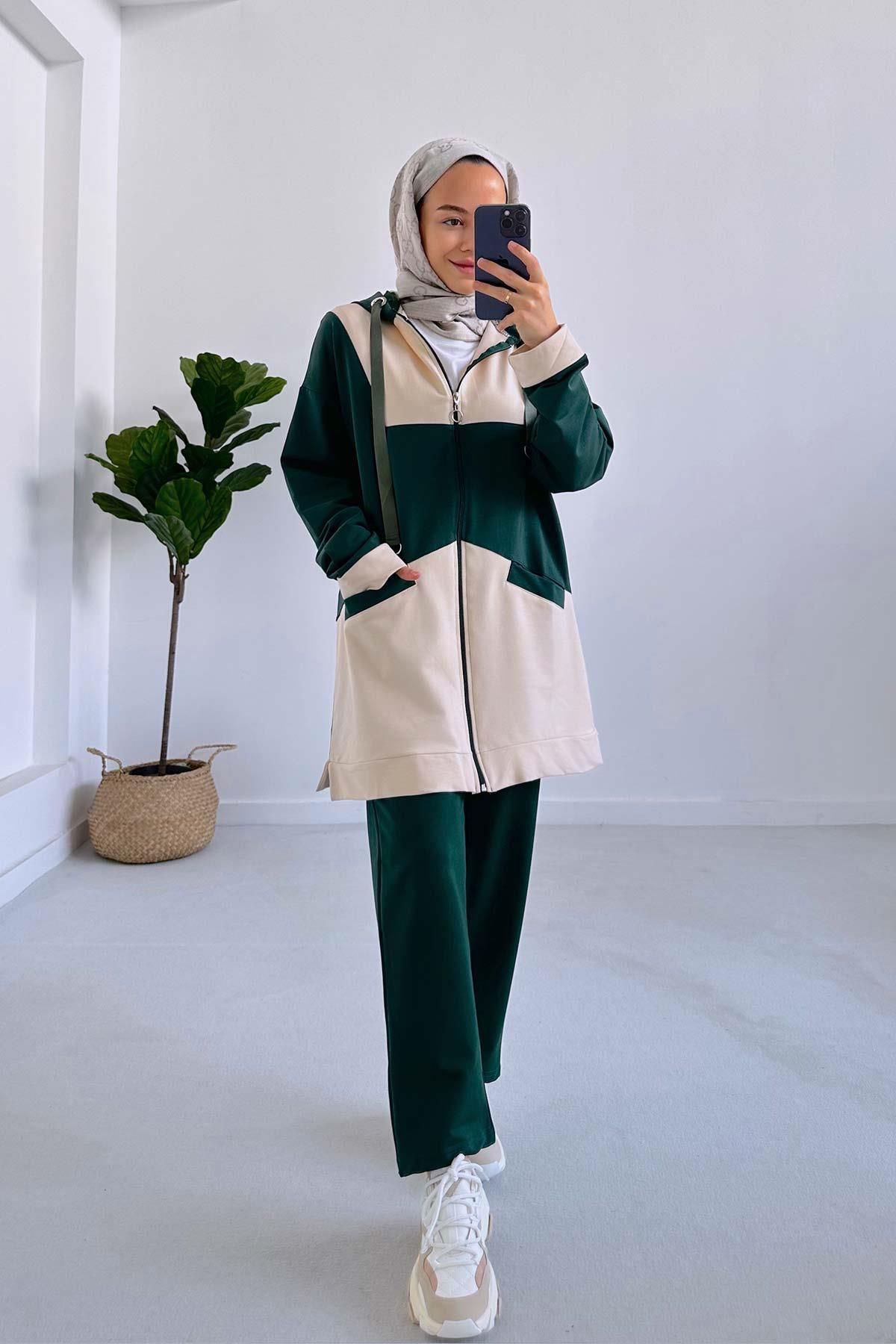 Ka Hijab-Emerald Color Block Hooded Two Thread Set 2