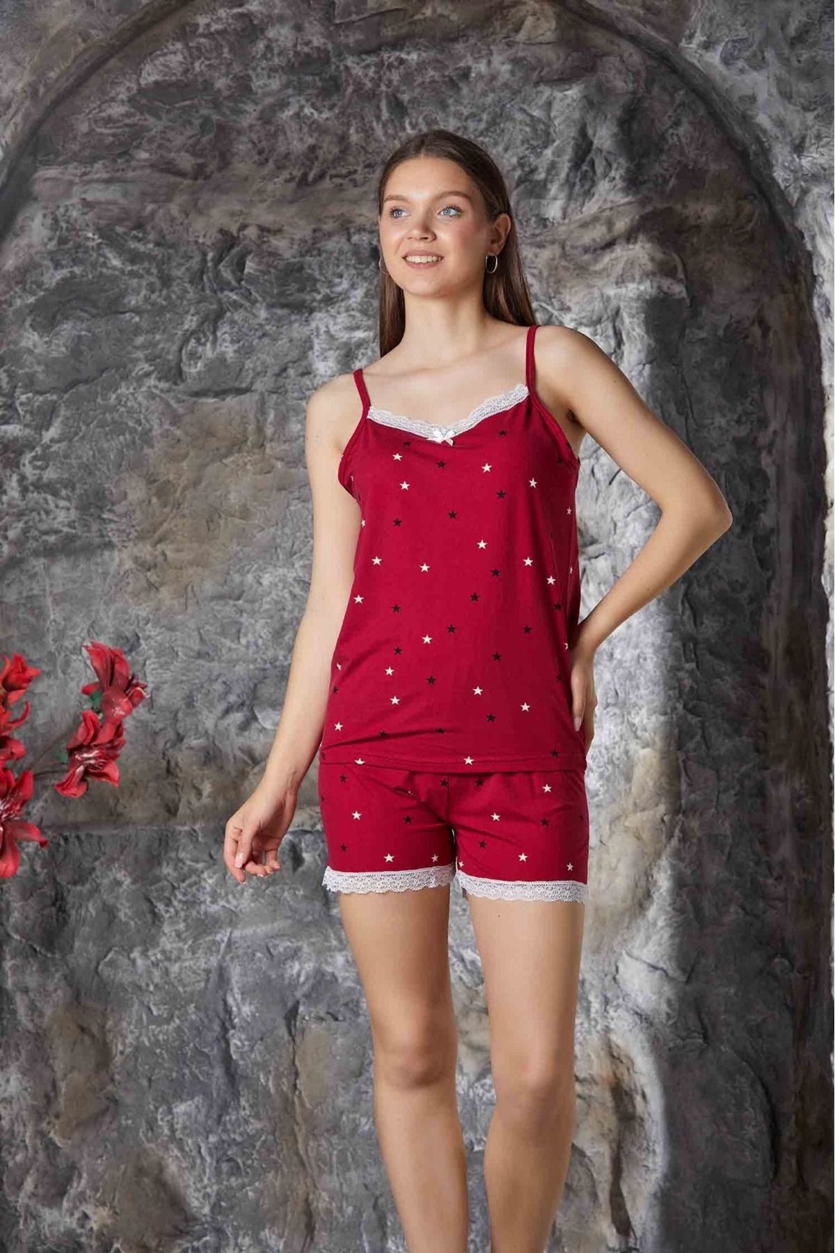 wear treasure Set Pantaloni Scurți De Pijama Pentru Femei Din Țesătură Milan, Cu Bretele De Frânghie Și Detaliu Din Dantelă Femeie - S