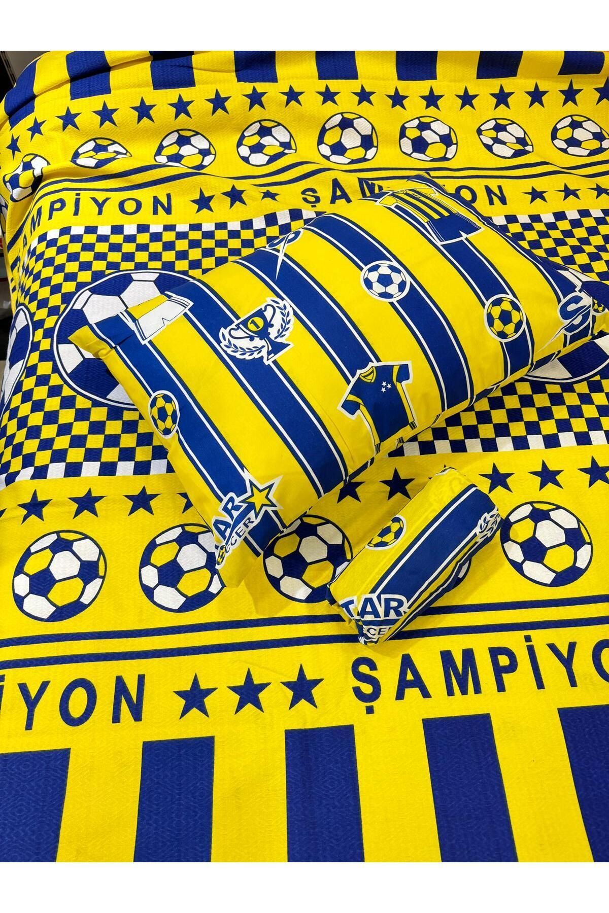 ŞENER HOME-Single Elastic Pique Set - Yellow-Navy Blue Fan Patterned Sheet 7