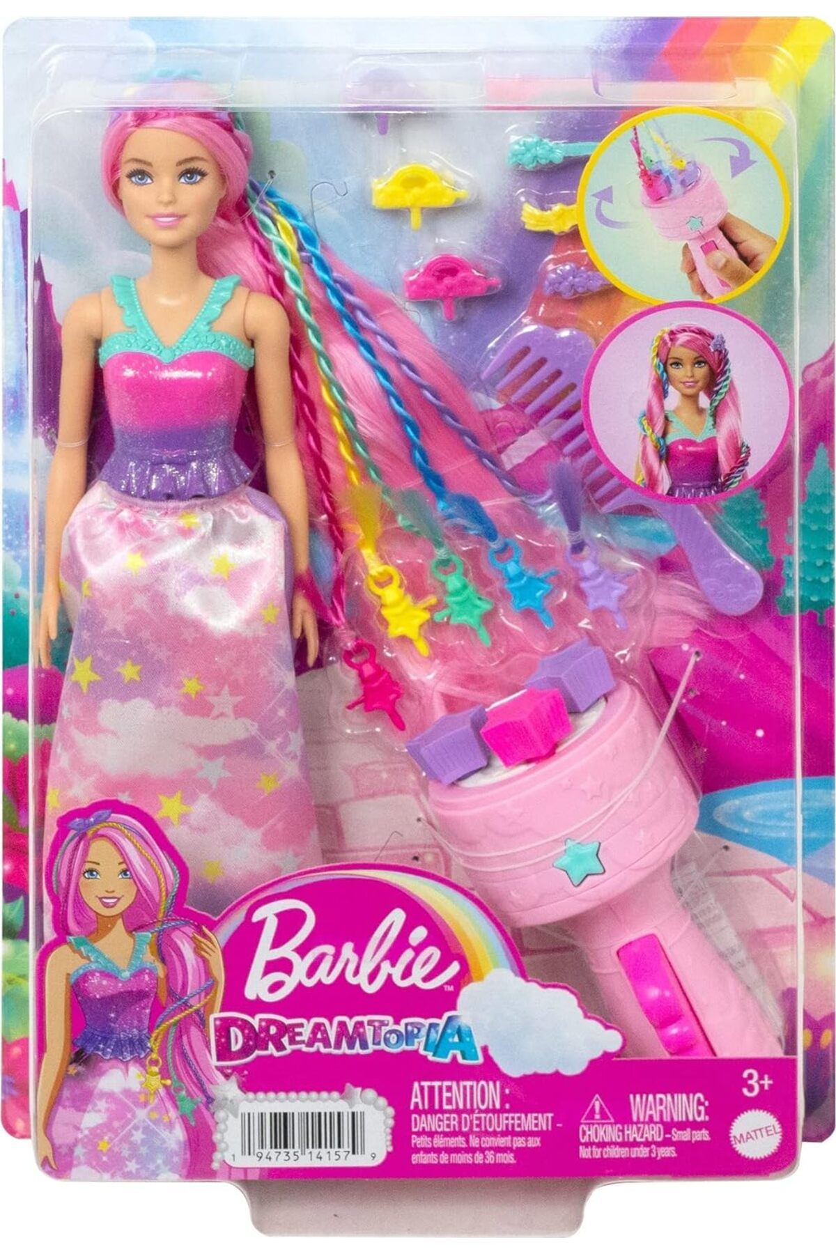 Barbie-دمية، شعر خيالي مع جديلة وتصميم ملتوي، ملحقات قوس قزح، أداة ملتوية مع الملحقات 6