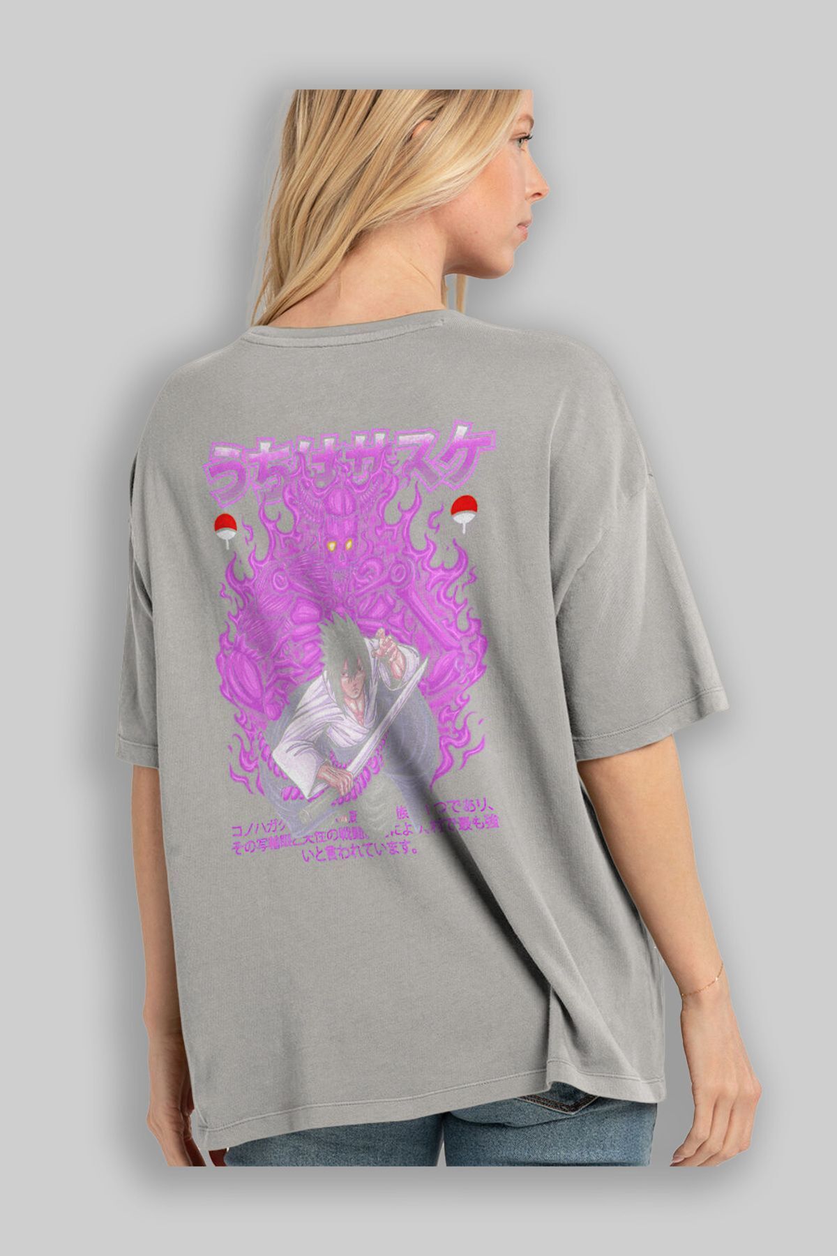 Ankhises-SASUKE UCHIHA NARUTO Tricou cu imprimeu spate gri Oversize 100% bumbac Bărbați Femei 3