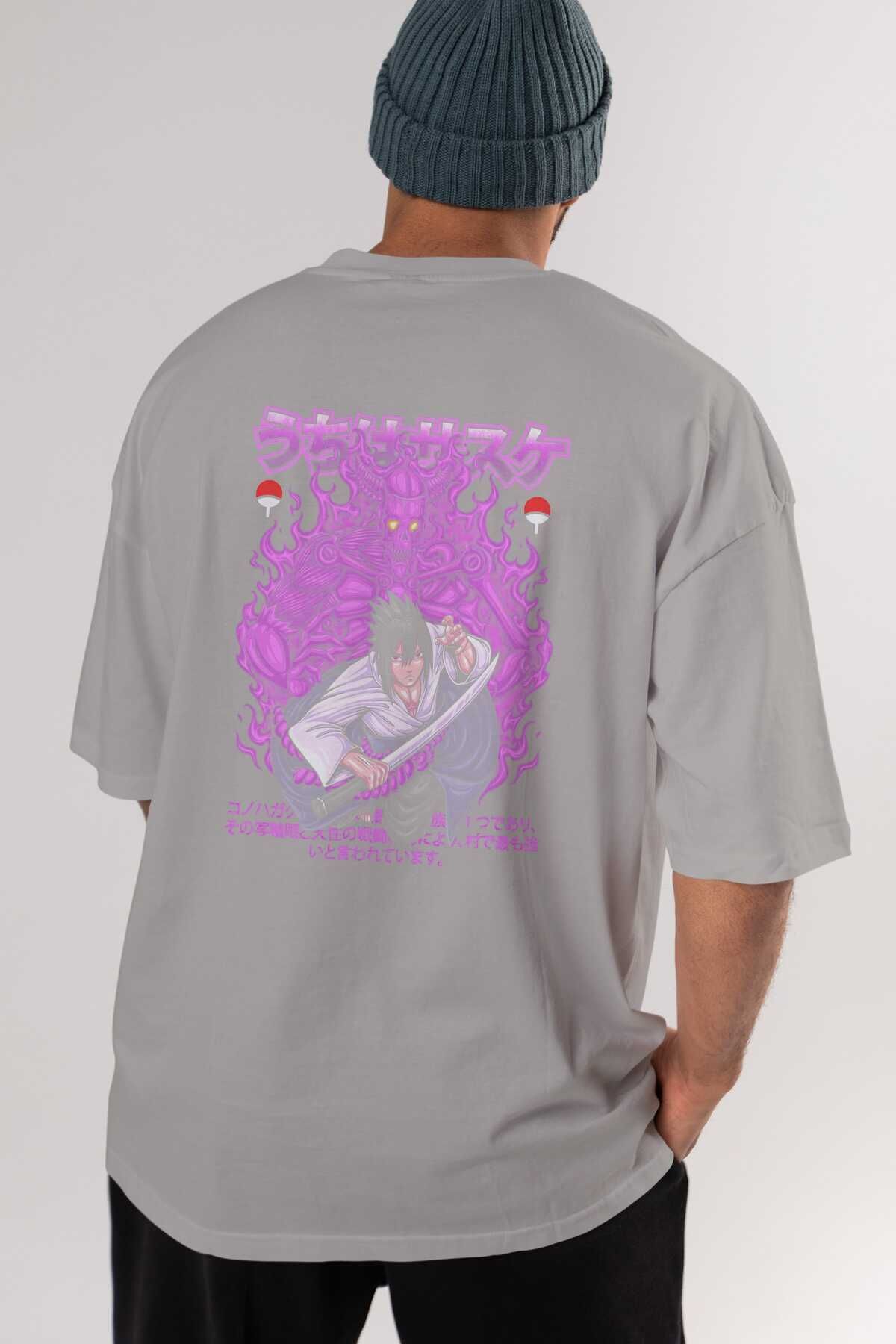 Ankhises-SASUKE UCHIHA NARUTO Tricou cu imprimeu spate gri Oversize 100% bumbac Bărbați Femei 6