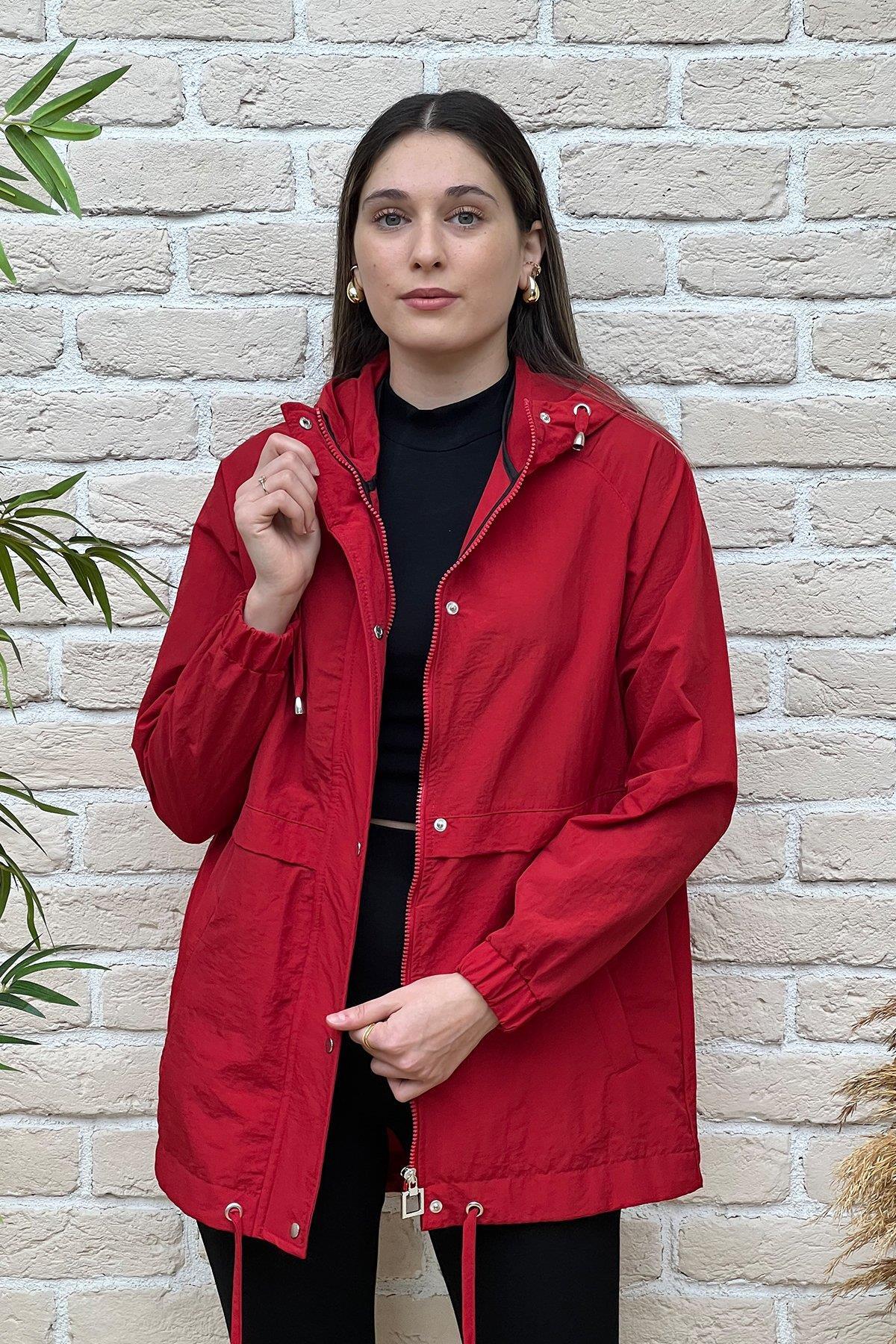 PIQUE  Hscstore Kadın Kapüşonlu Fermuarlı Mevsimlik Kırmızı Mont- GILMORE24 - Görsel 2