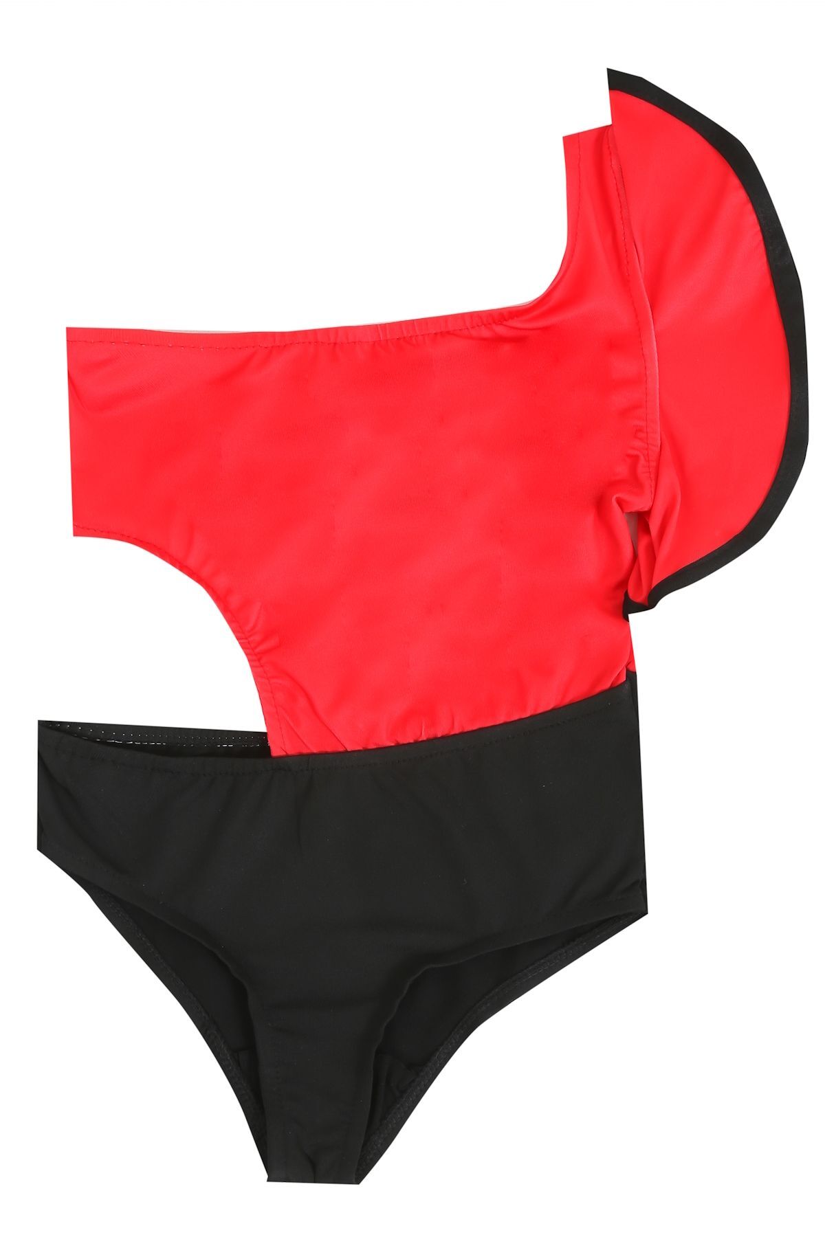 Papiş Kız Çocuk Mayo Kırmızı Siyah Renkli Fırfır Kollu Bikini Fırfır ...