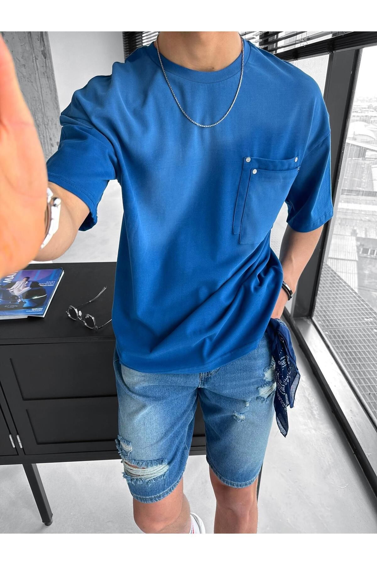 ablikaonline Oversize двухслойная футболка с карманами синяя TST.0155