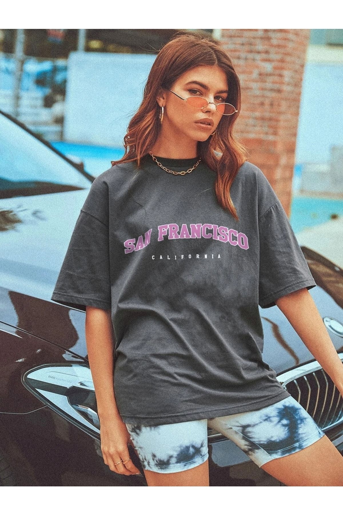 Know-Damski T-shirt oversize z nadrukiem San Francisco, przydymiony, filtrowany 3