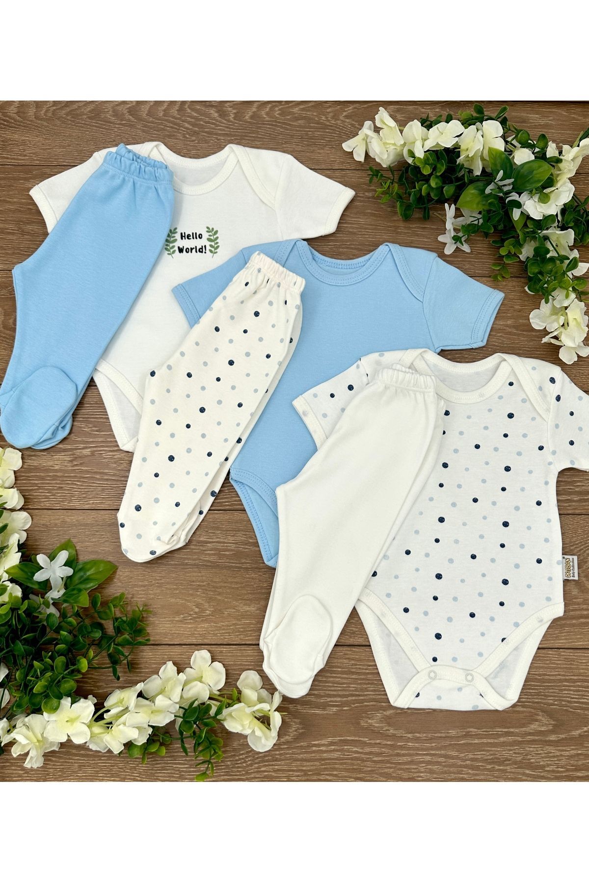 6-Piece Cotton Newborn Baby Pants Top Set (3 Snaps Bodysuit + 3 Pants with Bootees) Polka Dot
