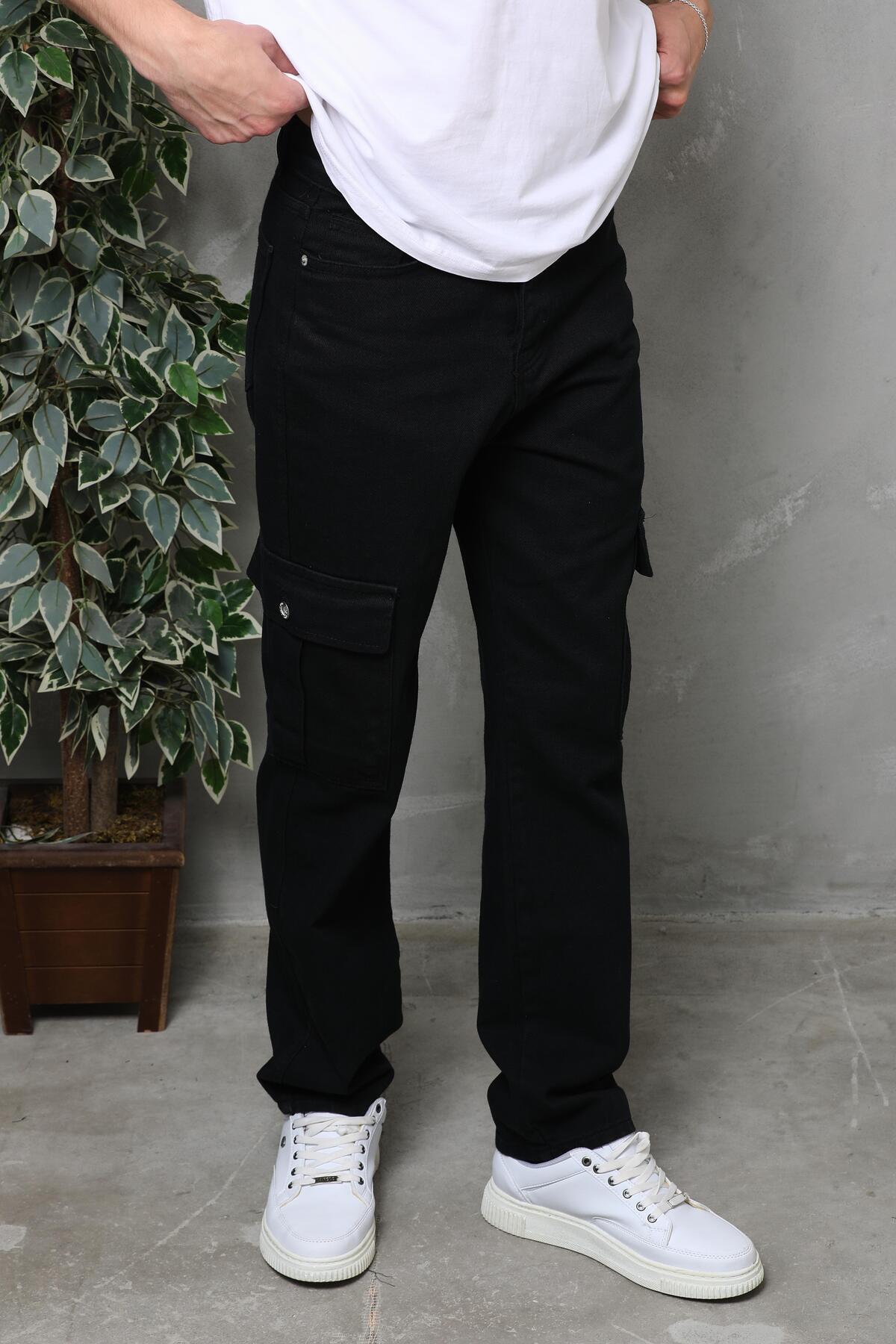 Erkek Kargo Cep Siyah Baggy Pantolon