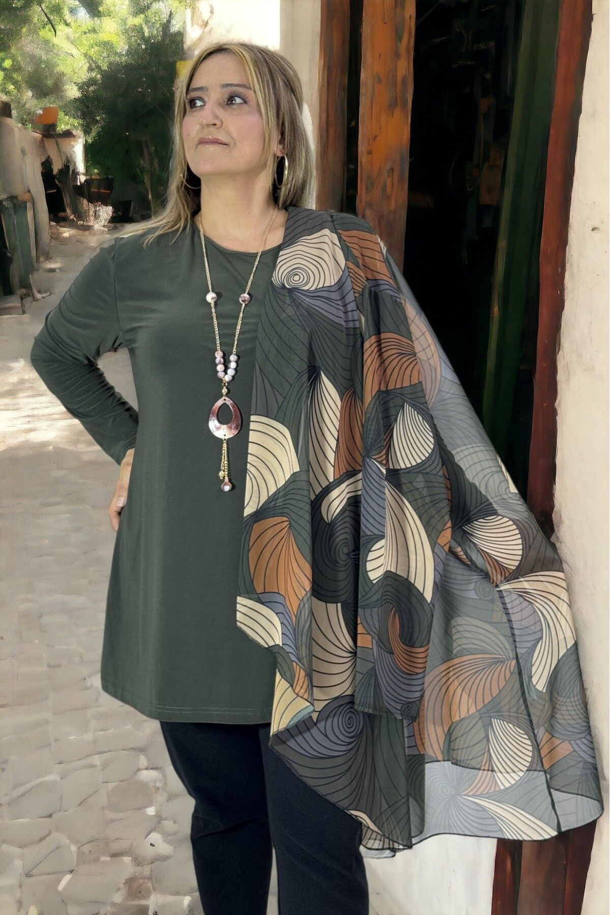 yagmurberen-Ebru Patterned Buzzzy Kumashed Chiffon Jacket and Blouse - Buzy Fabric, Unlined, Plus Size 2-Piece Set 5