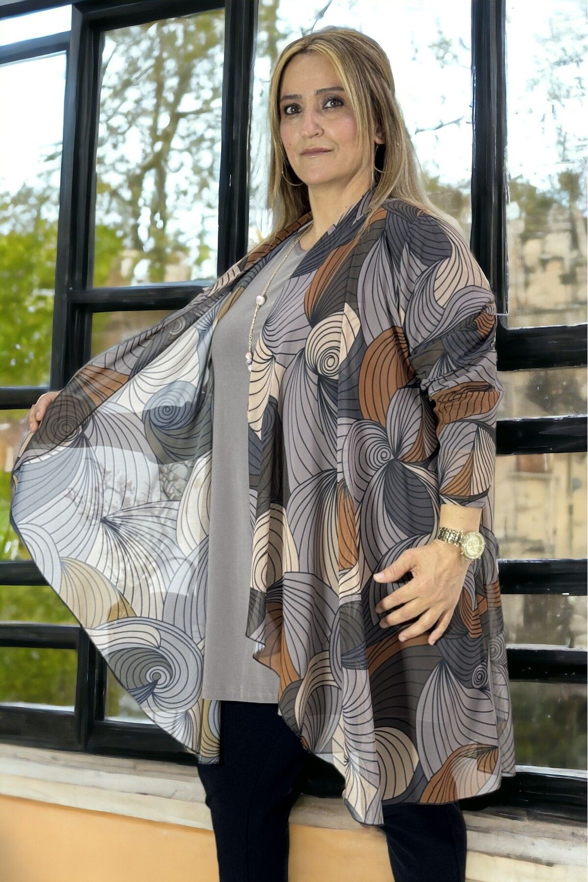 yagmurberen-Ebru Patterned Buzzzy Kumashed Chiffon Jacket and Blouse - Buzy Fabric, Unlined, Plus Size 2-Piece Set 2