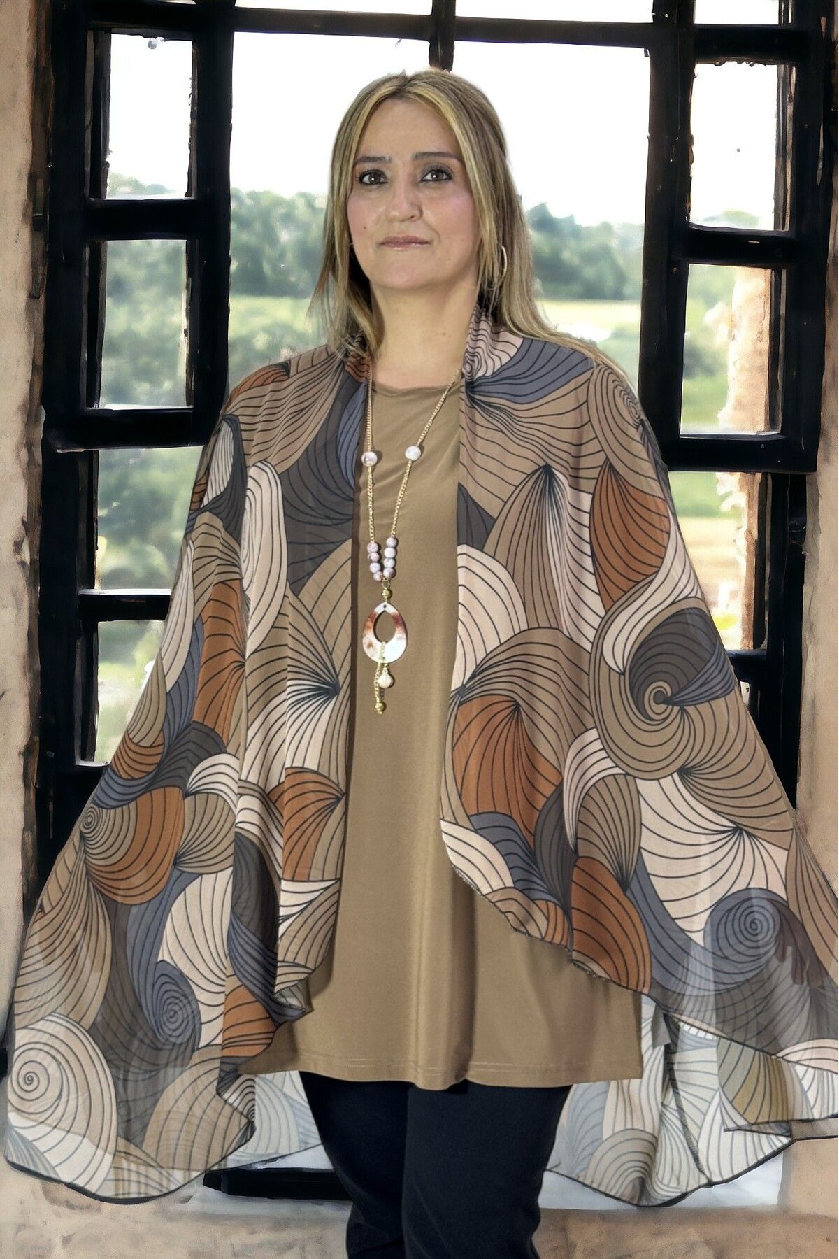 yagmurberen-Ebru Patterned Buzzzy Kumashed Chiffon Jacket and Blouse - Buzy Fabric, Unlined, Plus Size 2-Piece Set 3