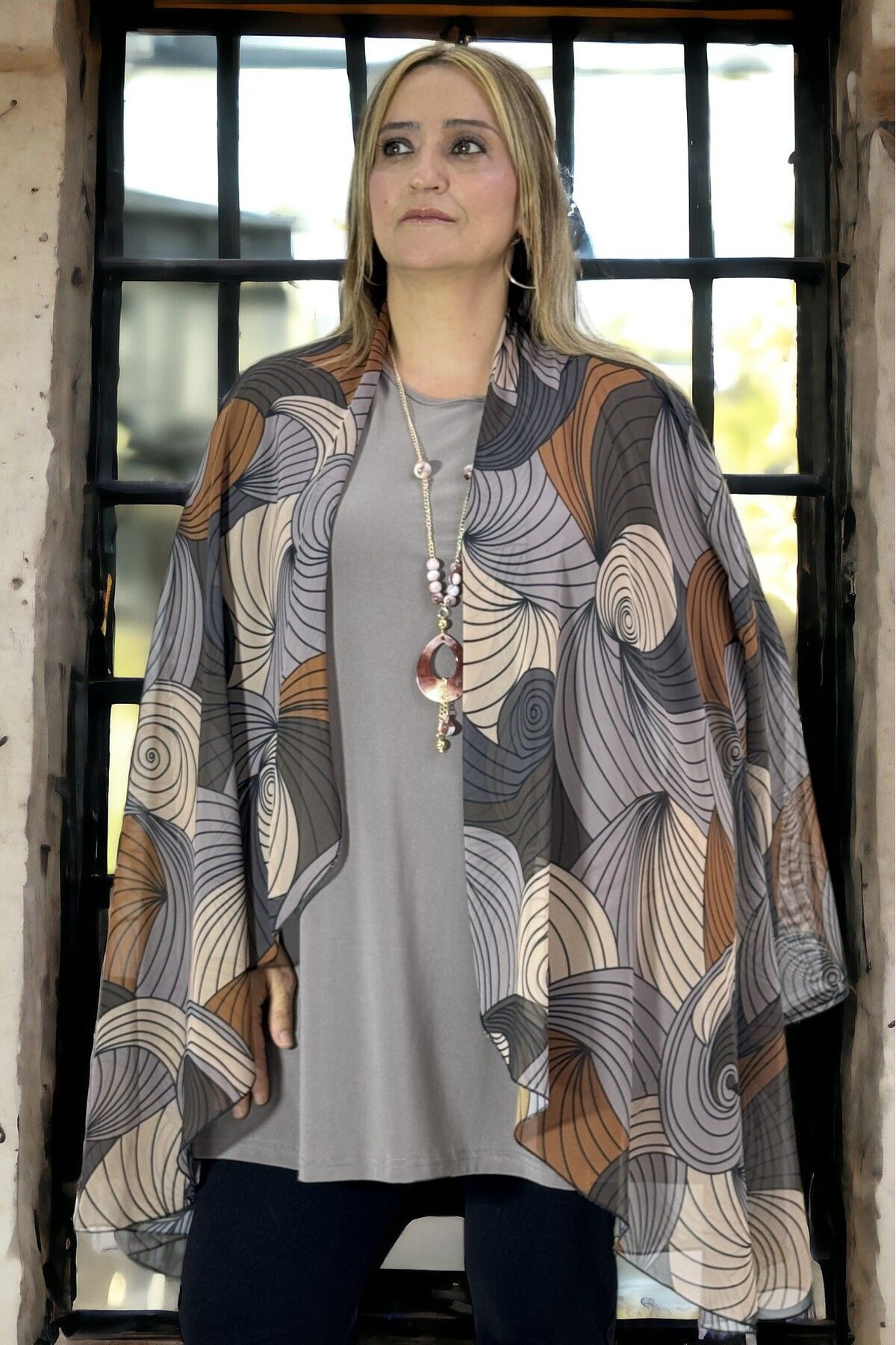 yagmurberen-Ebru Patterned Buzzzy Kumashed Chiffon Jacket and Blouse - Buzy Fabric, Unlined, Plus Size 2-Piece Set 6