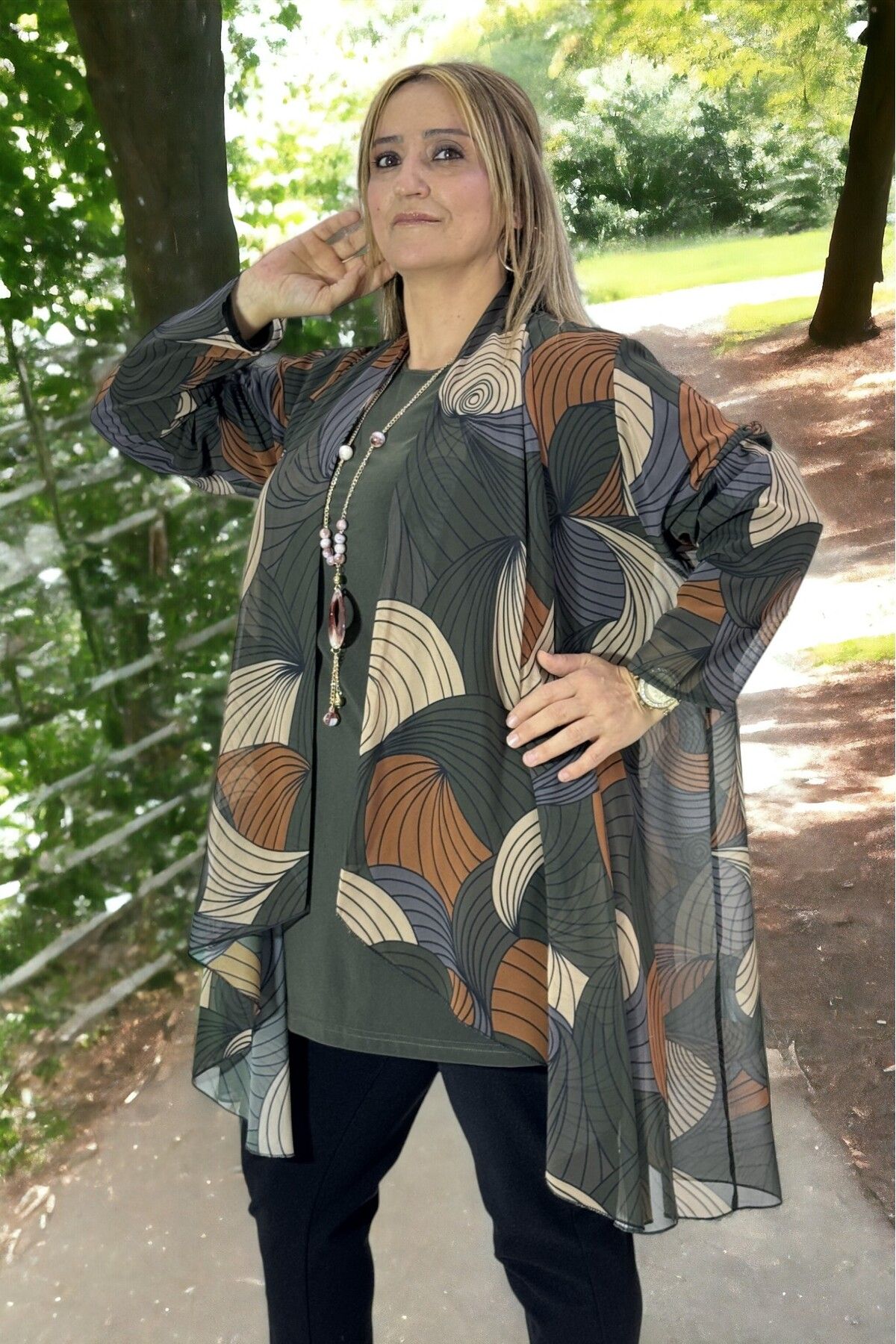 yagmurberen-Ebru Patterned Buzzzy Kumashed Chiffon Jacket and Blouse - Buzy Fabric, Unlined, Plus Size 2-Piece Set 7