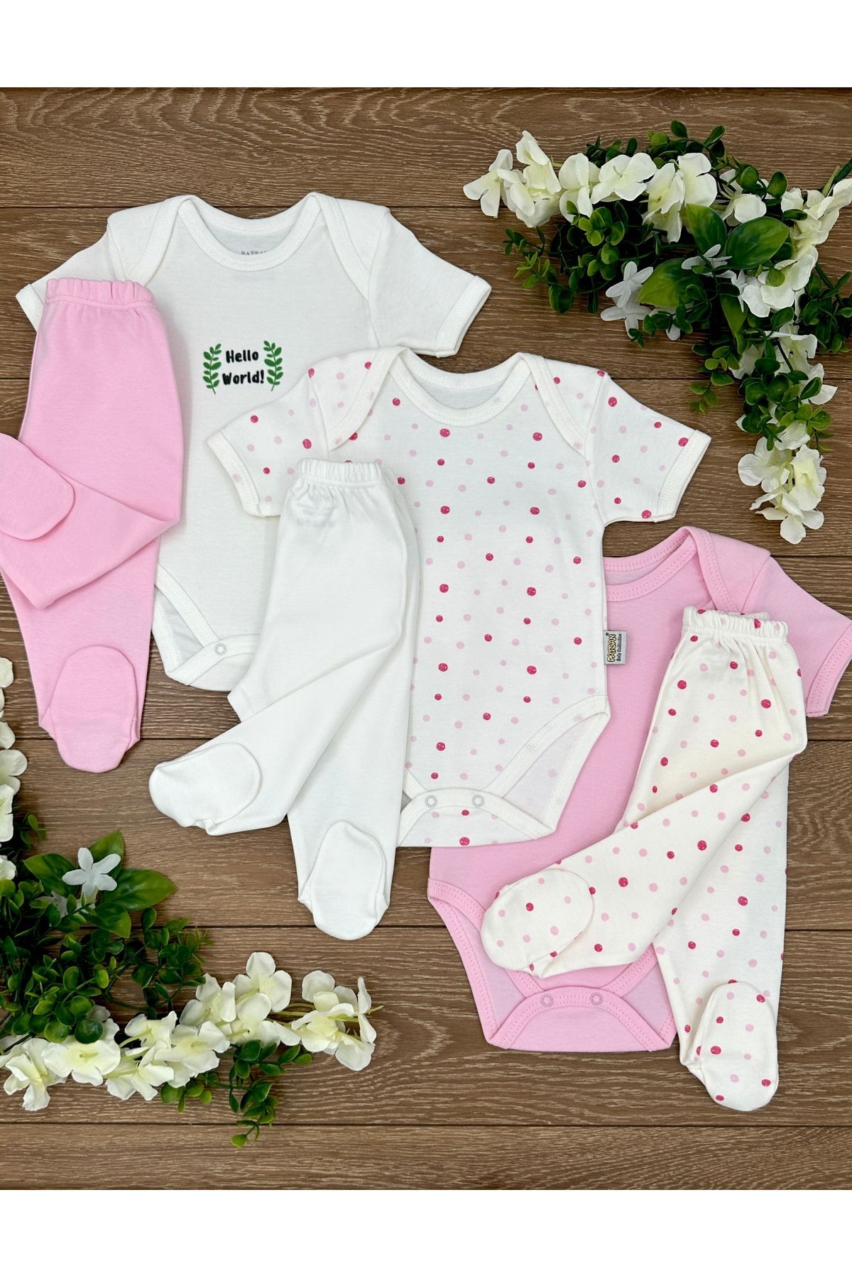 6-Piece Cotton Newborn Baby Pants Top Set (3 Snaps Bodysuit + 3 Pants with Bootees) Polka Dot