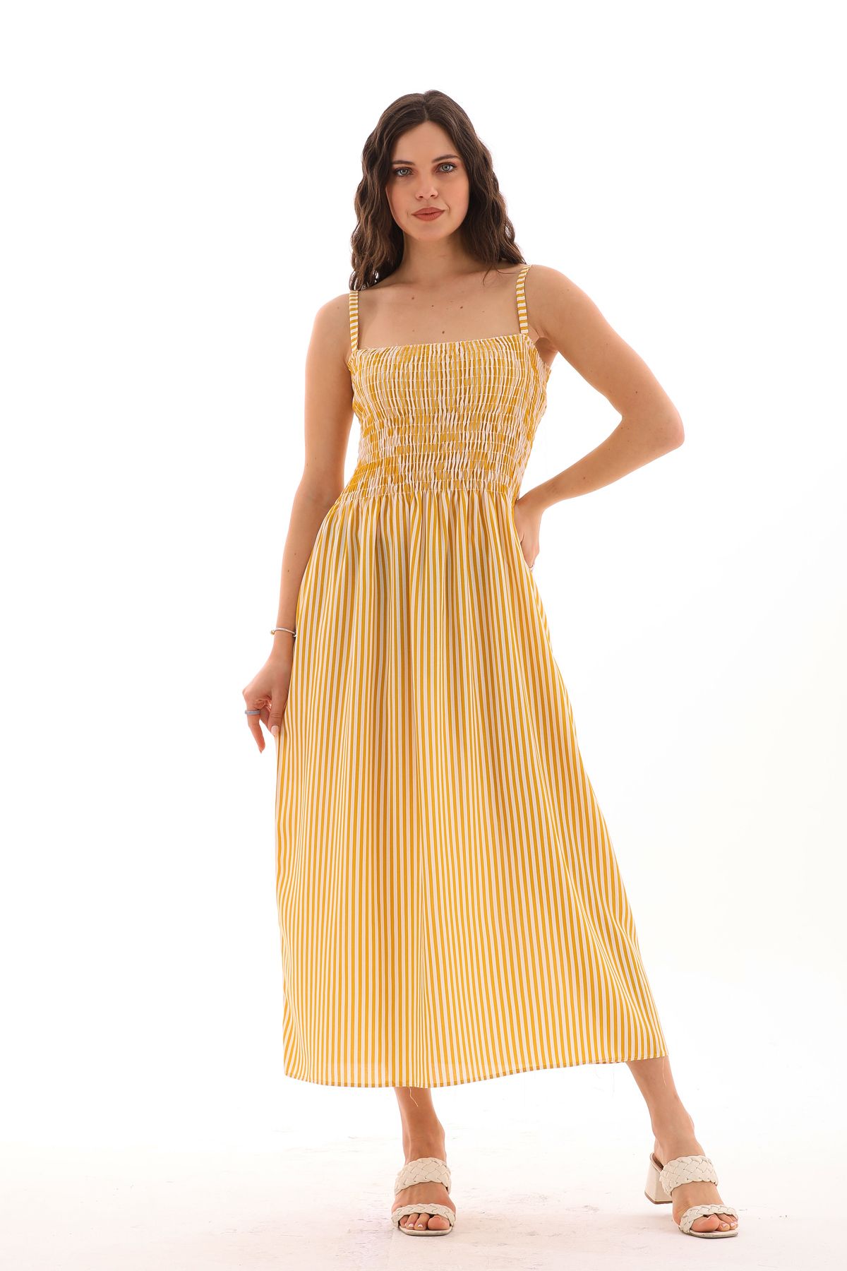 REELMODA-Rochie de vara dama cu bretele subtiri si gipe - bumbac vascoza dungi 6