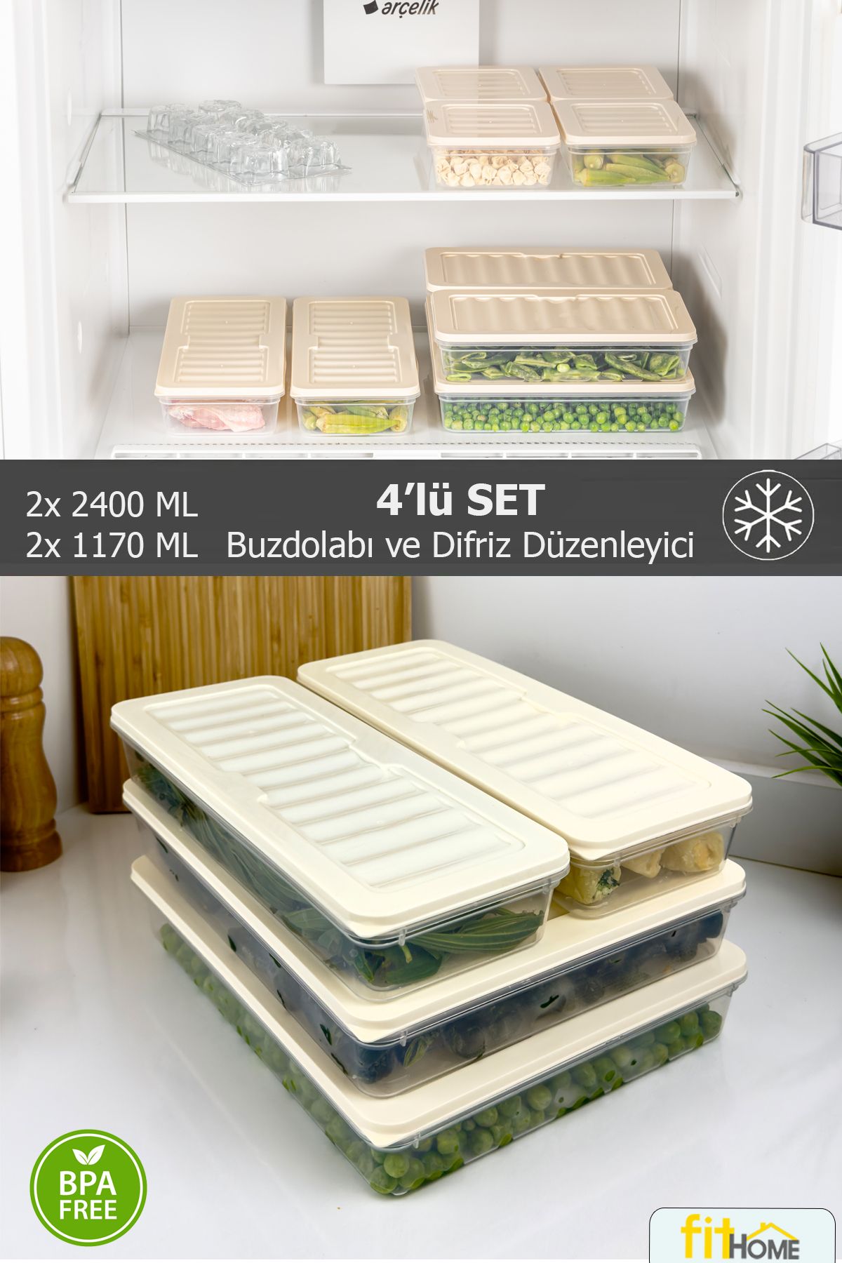 FİTHOME-Refrigerator and Freezer Organizer Set of 4 Freeze Storage Container Airtight 2X2400Ml 2X1170Ml 1